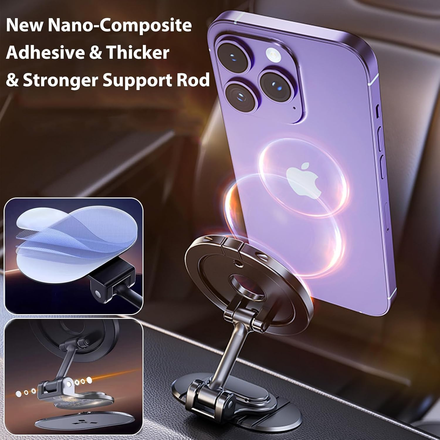 RUNGOS Double Strong Magnet for Magsafe Car Mount [360&deg;Flexible Rotation] [Super Stable Widened Base] Collapsible Magnetic Car Mount Phone Holder for Steering Wheel Dashboard, Mobile Phone Accessories