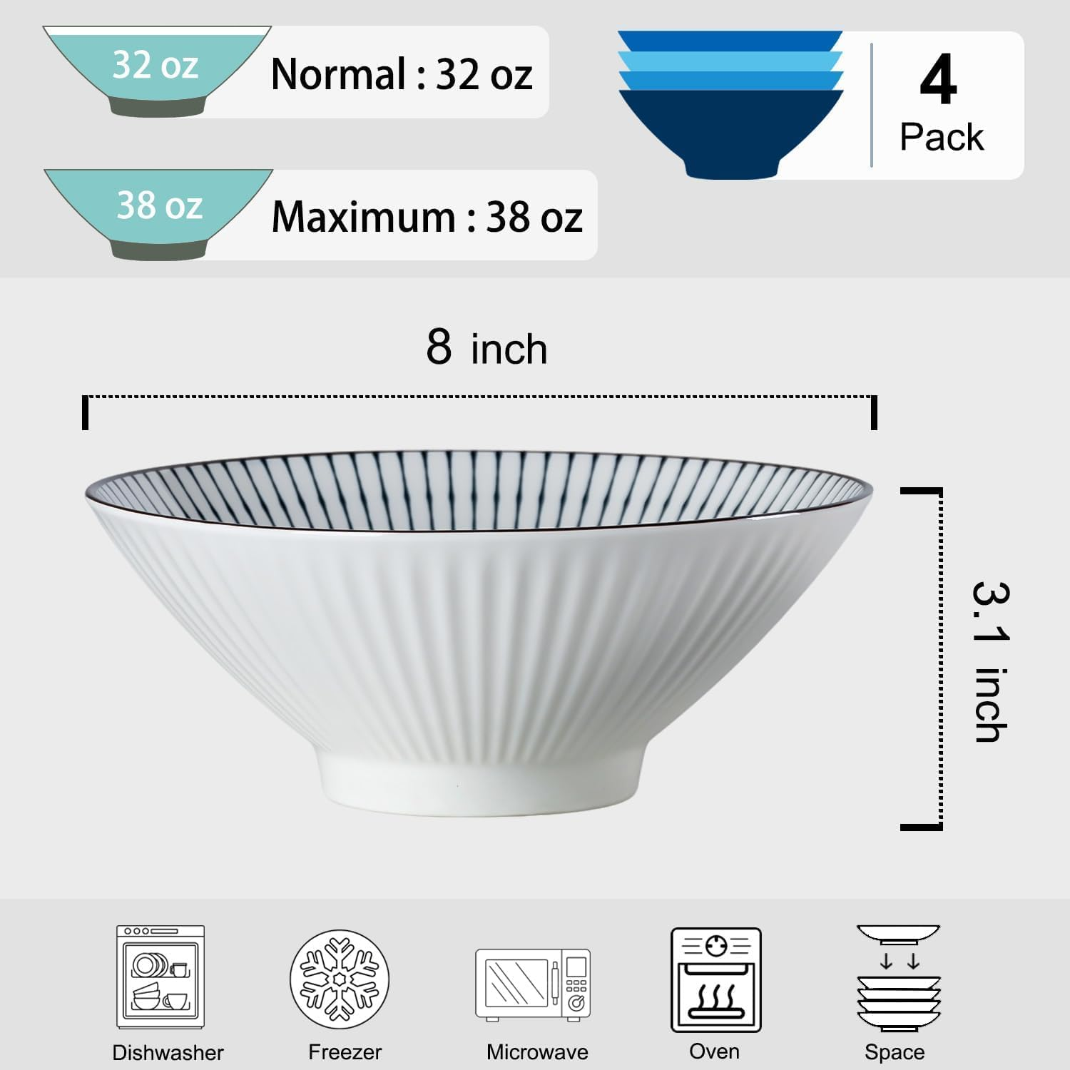 8 Inch Japanese Ramen Bowls, 38 Oz Cereal Bowls, Soup Bowls, Pho Bowls, Noodle Bowls, Blue and White Ceramic Bowls, Microwave Dishwasher Safe, Set of 4 image number 1