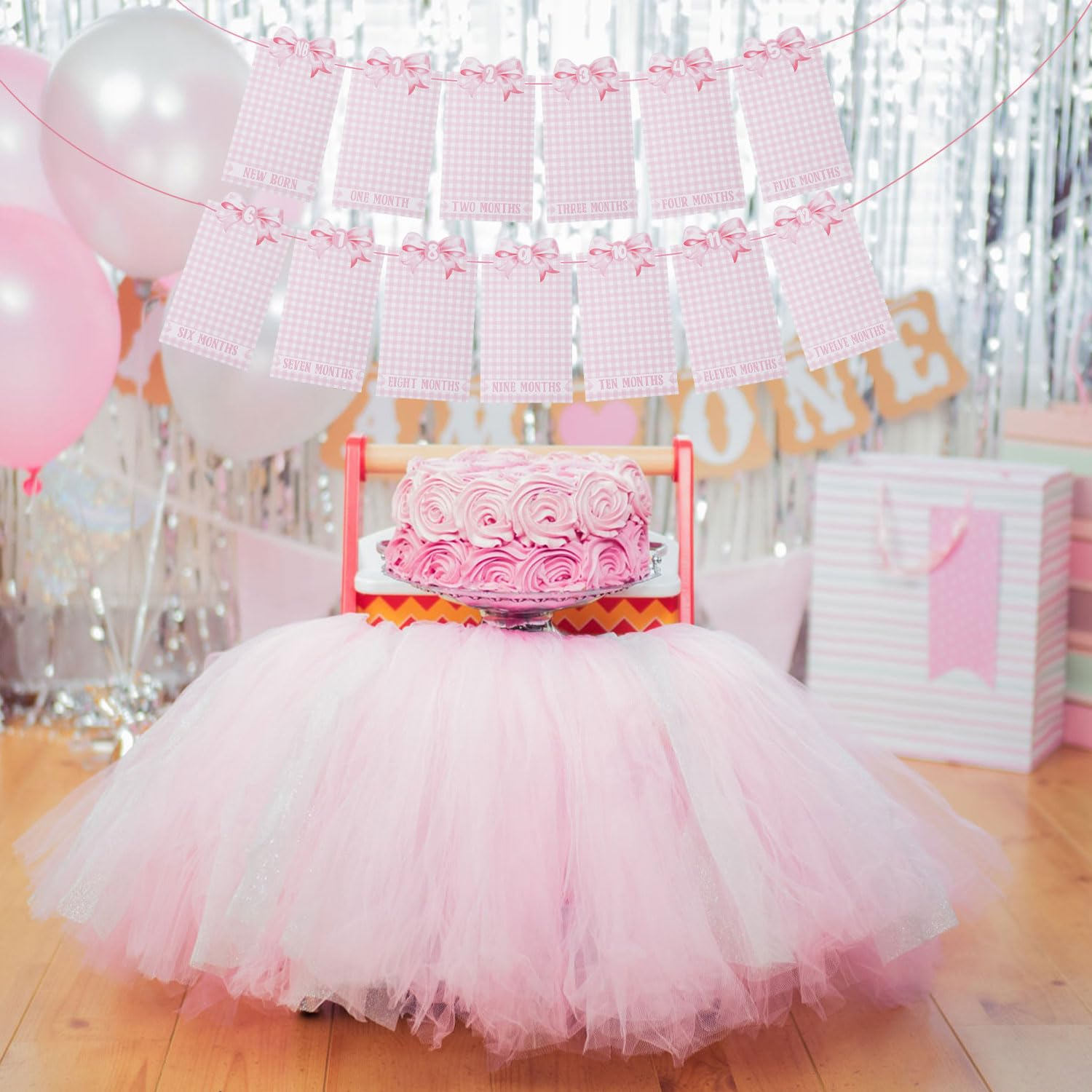 Pink Bow Milestone Banners, Newborn to 12 Months Photo Banner Pink Bow Photo Banner Monthly Milestone Banner for Baby Birthday Photo Banner Decoration image number 2