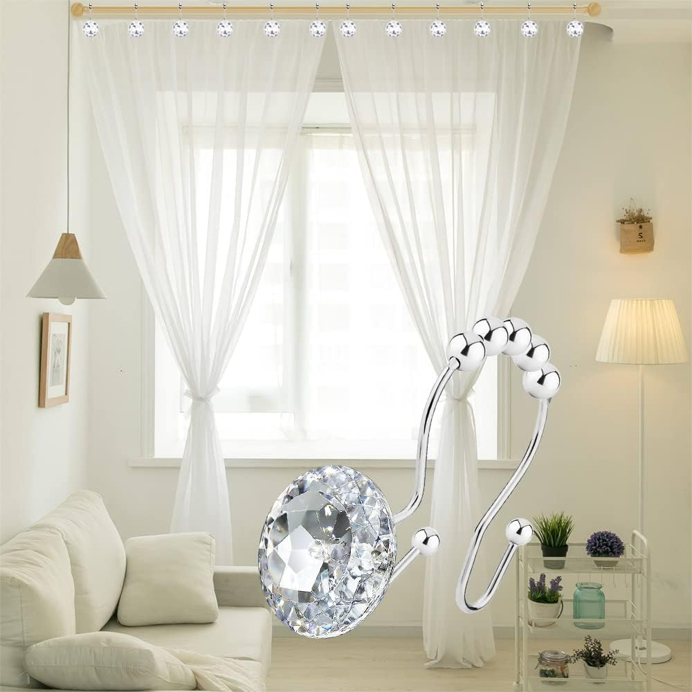 Yapicoco 12PCS Shower Curtain Hooks Rings for Bathroom, Double Hooks Glide anti Rust Crystal Rhinestones Hooks Rods Curtains and Liner (Crystal White) - Aqua Blue image number 4