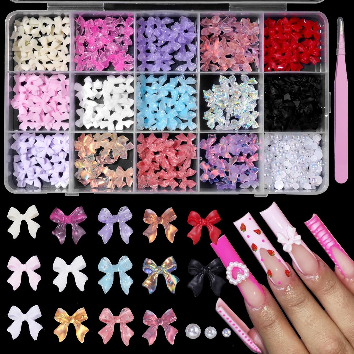 Mixed Color Variety Bows 3D Nail Charms Assorted Bows Nail Charms Mix White AB Flatback Pearls for Manicure DIY Crafts Jewelry Accessories for Women Valentines Day image number 4