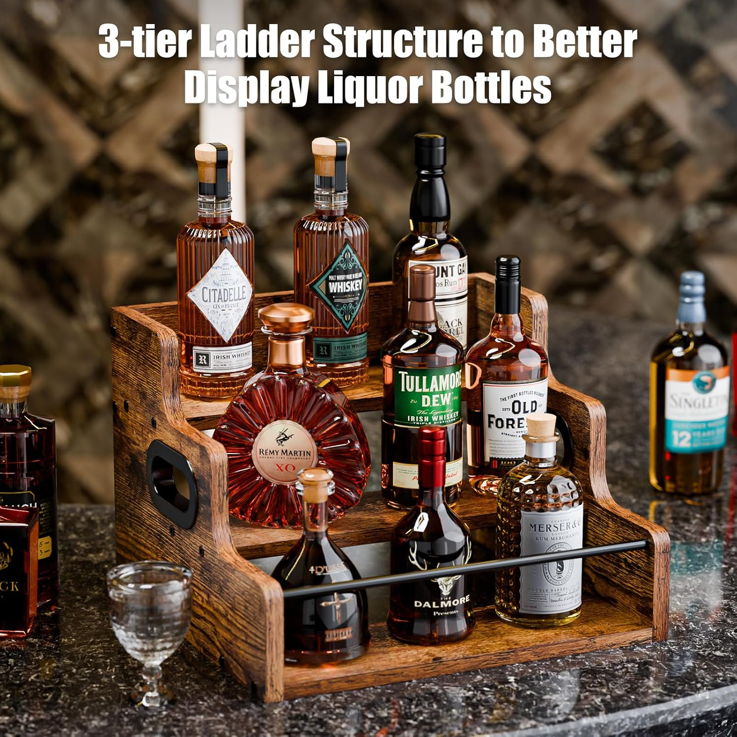 KLM Liquor Bottle Display Shelf, Coffee Syrup Rack Organizer, 3 Step Countertop Liquor Wine Rack, Mini Bar,Liquor Cabinet, Home Retro Bar Shelf Stand for Liquor Whiskey, Spirits, Brown, GL-06 image number 6