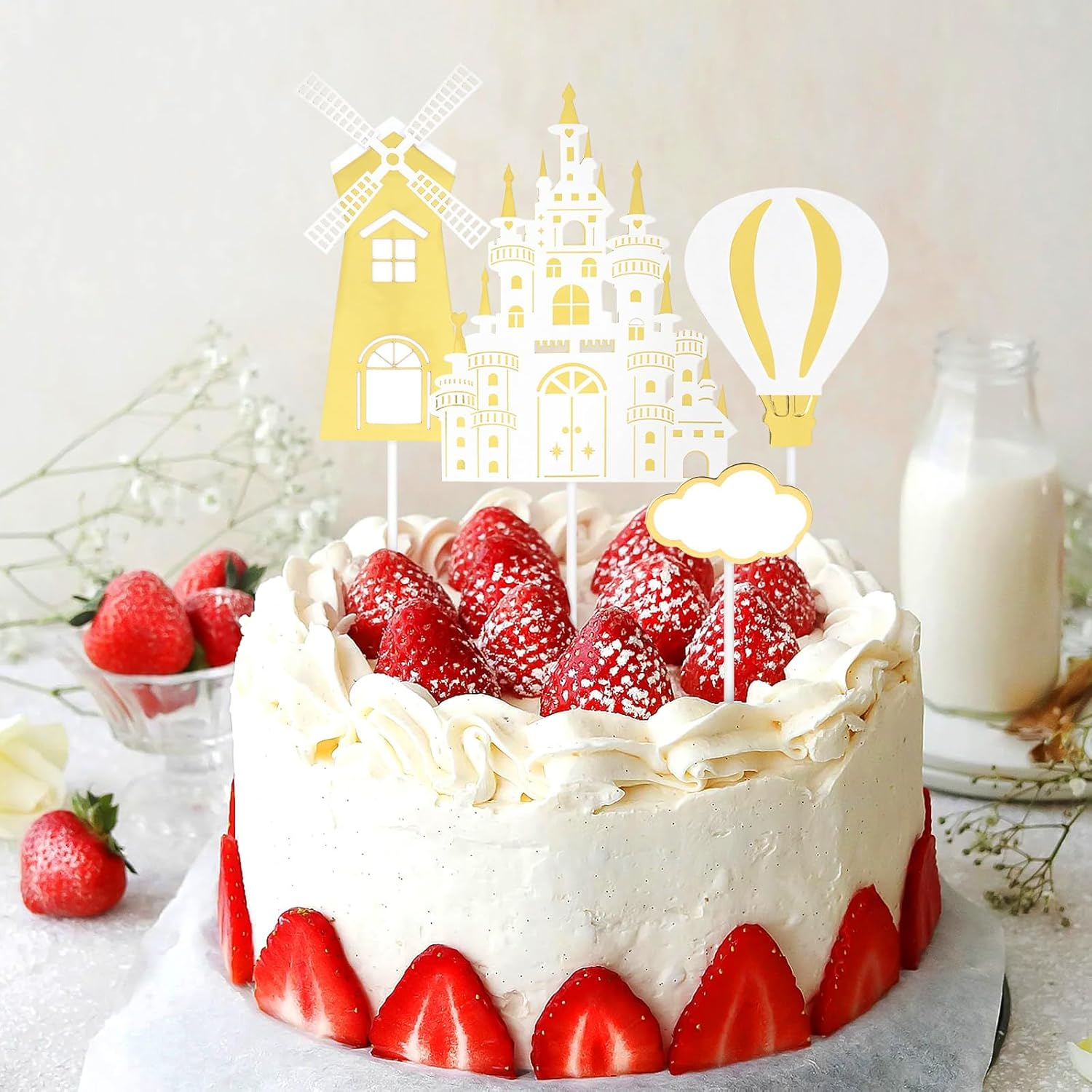 Hannafires 8PCS Castle Cake Topper Set &ndash; Princess & Prince Birthday Party Decorations with Castle, Balloons, Clouds, Picks & Banners for Kids' Fairy Tale Theme Cakes image number 1