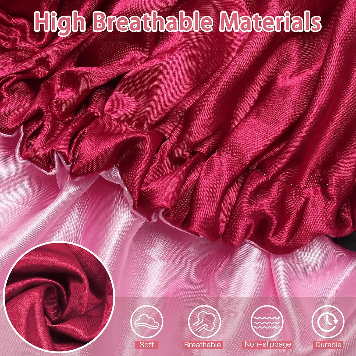 Euqvunn 2Pcs Satin Hair Bonnet, Hair Bonnet for Sleeping Adjustable with Wide Elastic Band, Two Color Double-Sided, Suitable for Night Sleep, Long/Straight/Curly Hair Protection (Black Red) image number 6