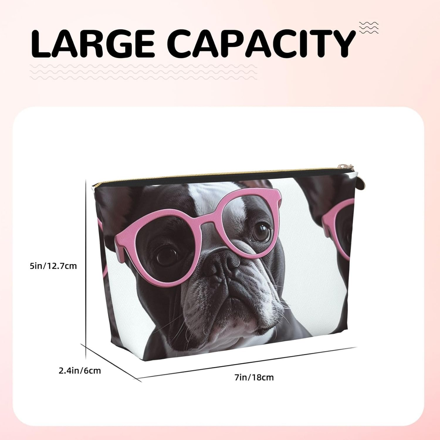 SDTYKHJ Large Capacity Makeup Bag for Women, Waterproof Portable Shaving Bag, Small Toiletry Bag, French Bulldog Glasses, Leather Cosmetic Organizer Bags for Travel, Gold, One Size image number 4