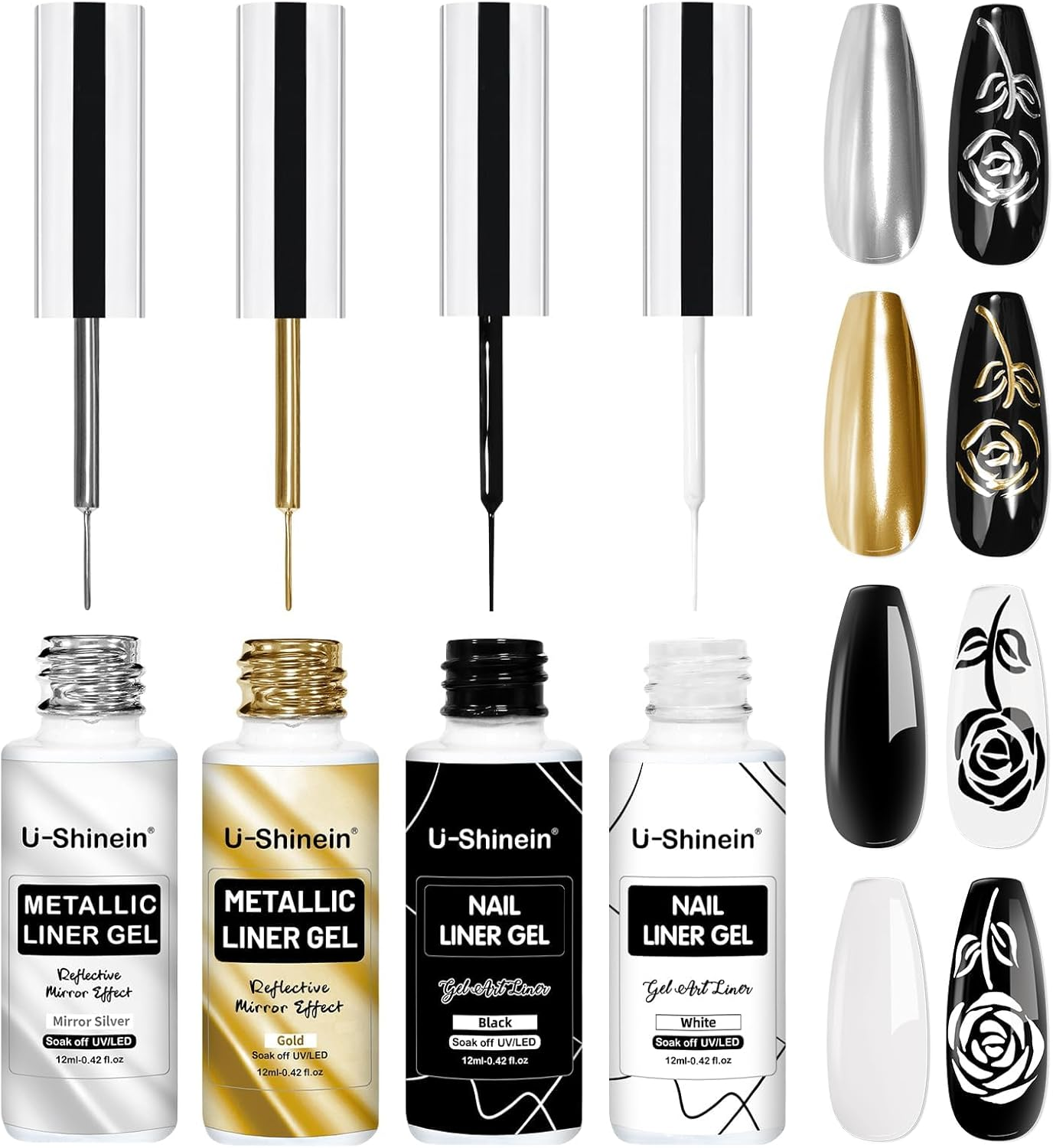 4X12Ml Metallic Mirror Painting Liner Gel Polish Set, Mirror Chrome Effect Painted Gel &Black & White Nail Polish Drawing Striper Gel Build in Thin Brush Soak off UV/LED Nail Manicure Setb