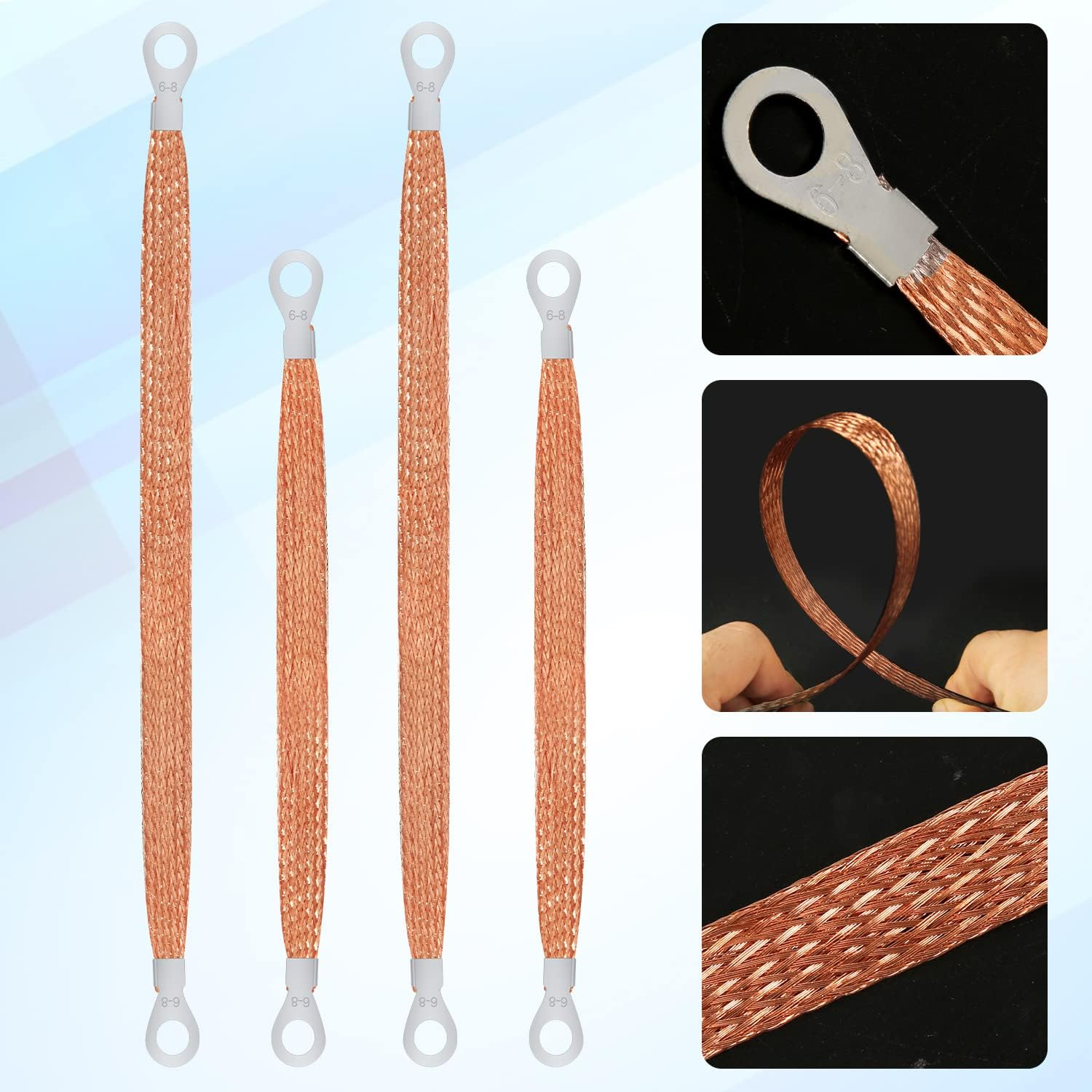 LUTER 4Pcs Universal Automotive Ground Strap Kit, 13Inch / 10Inch Vehicle Engine Ground Strap, Sturdy Woven Copper with 5/16" Rings Terminal (Copper Color) image number 2
