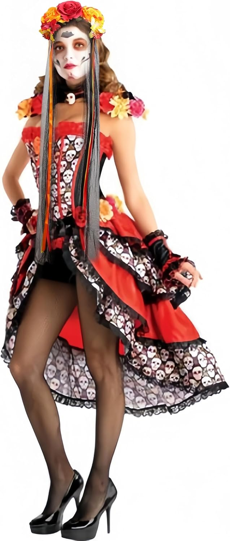 Day of the Dead Costume Adult Halloween Costumes for Women with Flower Headpiece and Fishnet Stocking image number 5