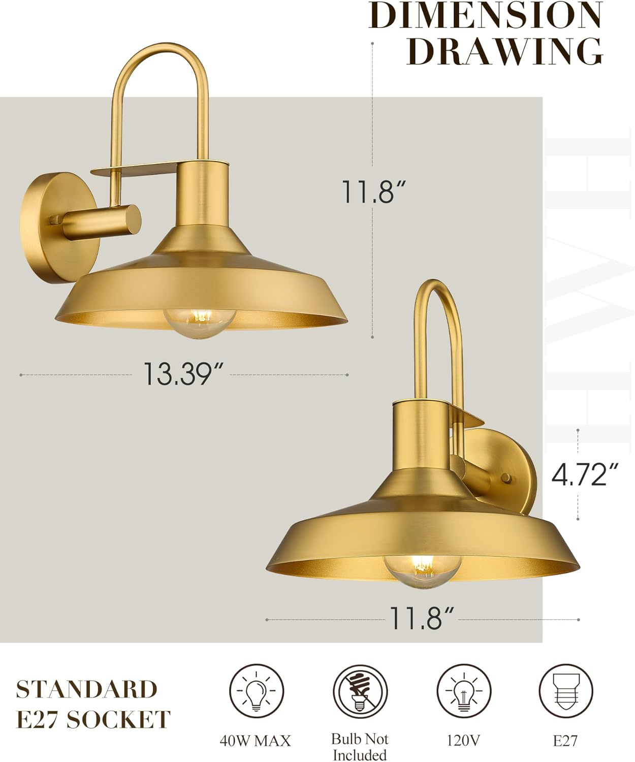 EMLIVIAR 2 Pack Vintage Wall Lighting Fixture, 12 Inch Gooseneck Outdoor Barn Light, Metal Wall Mounted Lighting in Gold Finish, AUJX18-1W-2PK BG image number 1