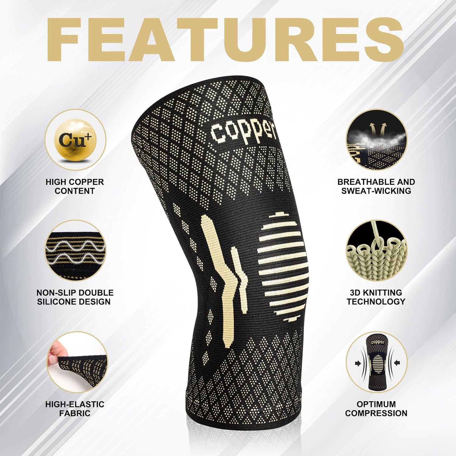Copper Knee Brace 2 Pack, Knee Support for Men/Women, Knee Compression Sleeve Brace Support for Meniscus Tear, Arthritis Pain, ACL, MCL, Running, Hiking, Gym, Sports, L image number 5