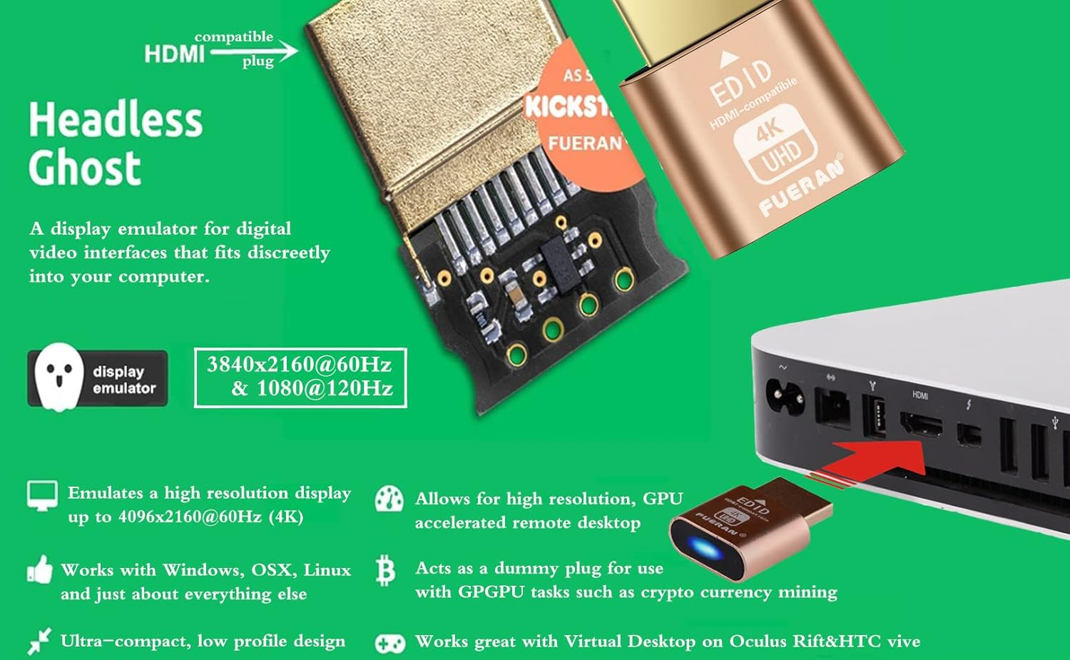 FUERAN Display Emulator (Fit-Headless) Supports 1920X1080@60Hz (4K-3P) image number 1