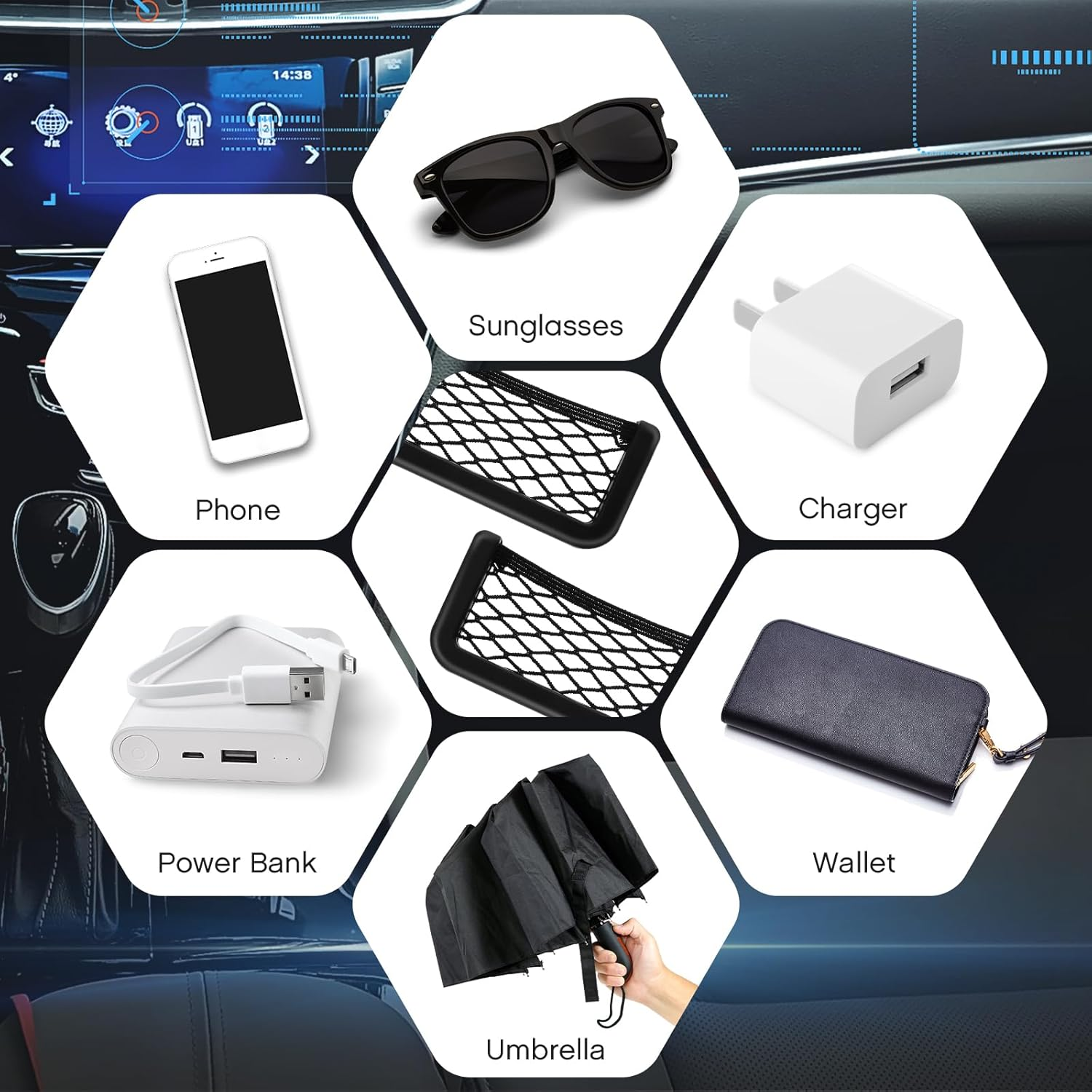 Frienda 2 Pcs ABS Plastic Frame Car Storage Net Bag Phone Car Mesh Net Holder RV Storage Boat Cargo Pocket Organizer Framed Mesh Pocket with Screws for Auto RV (6.7 X 3.15 Inch)