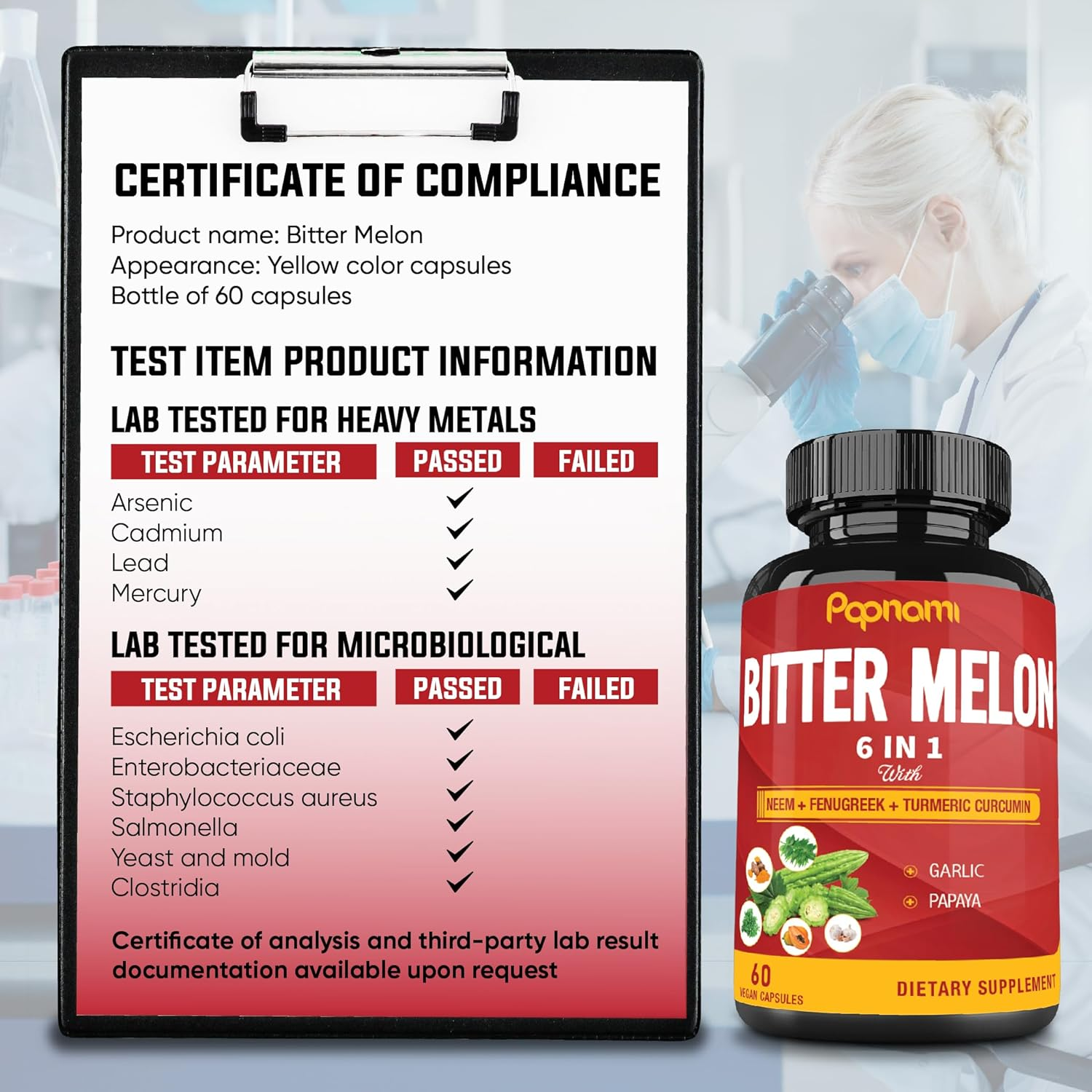 Organic Bitter Melon Extract Capsules - 60 Pills 2 Month - Combined Neem, Fenugreek, Curcumin, Garlic & Papaya image number 4