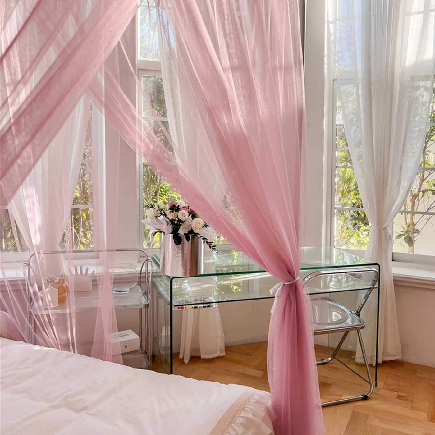 Mosquito Net for Bed Canopy 4 Corners Post, Elegant Square 4 Openings Canopies Bedroom Ceiling Curtains Drapes for Twin/Queen/King Bed Room Decor Wedding Nursery Indoor Outdoor image number 2