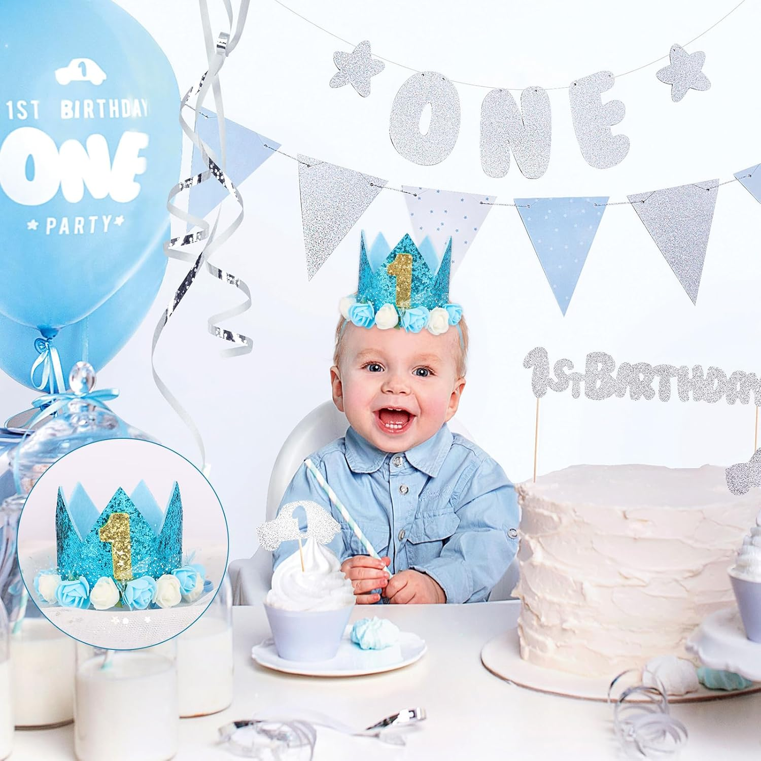 Kufaerbeam First Birthday Crown Hat and Birthday Flag for Baby Girls, 1St Birthday Crown Hat Decorations with Cute Floral, Headband Gift Photo Prop 1St Birthday Party Supplies for Baby image number 1