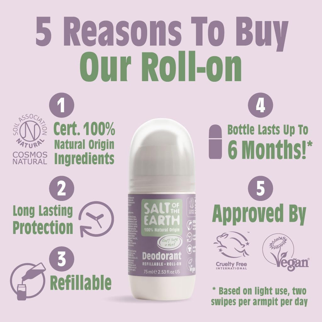 Salt of the Earth - Refillable Natural Deodorant Roll on - Clary Sage & Mint - Effective Long Lasting Protection, 100% Natural Ingredients, Eco Friendly & Vegan - Suitable for Women, Men & Kids - 75Ml image number 4