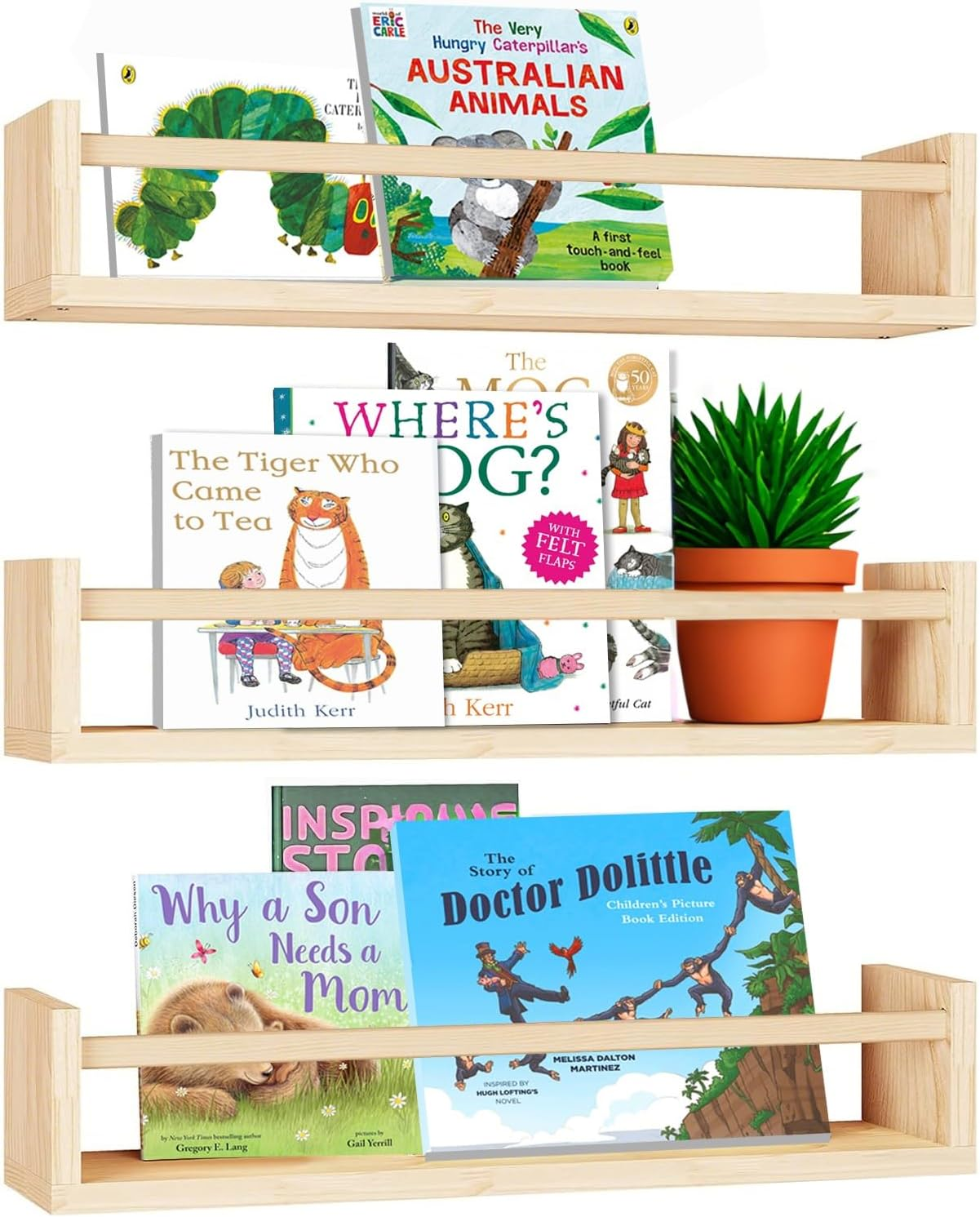 Delsol Floating Nursery Book Shelves for Wall Set of 3,Natural Wood Wall Mounted Bookshelves for Kids Room,Baby Nursery Bedoom Decor (White)