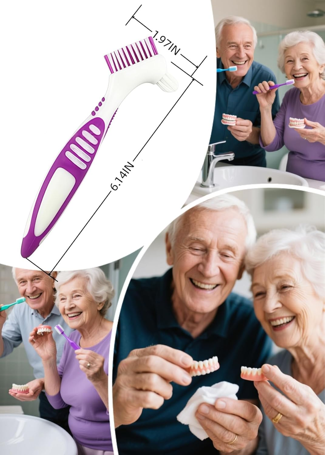 Denture Cleaning Brushes 2-Pack with Dual-Angle Heads - Soft Nylon Bristles & Ergonomic Grip, Travel Denture Brush Kit for Seniors (Green/Purple) | Denture Care Essentials image number 4