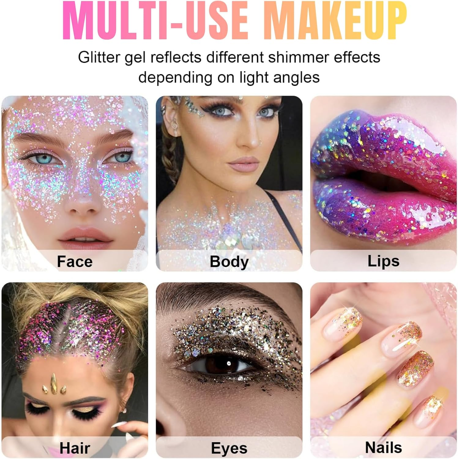 Holographic Body Glitter Gel Stick - Chunky Face & Hair Shimmer, JOMWEN Glue-Free & Waterproof Makeup for Festivals, Raves, Concerts, Halloween Accessories (04 Pink, 1 Pack) - 01 Rainbow image number 5