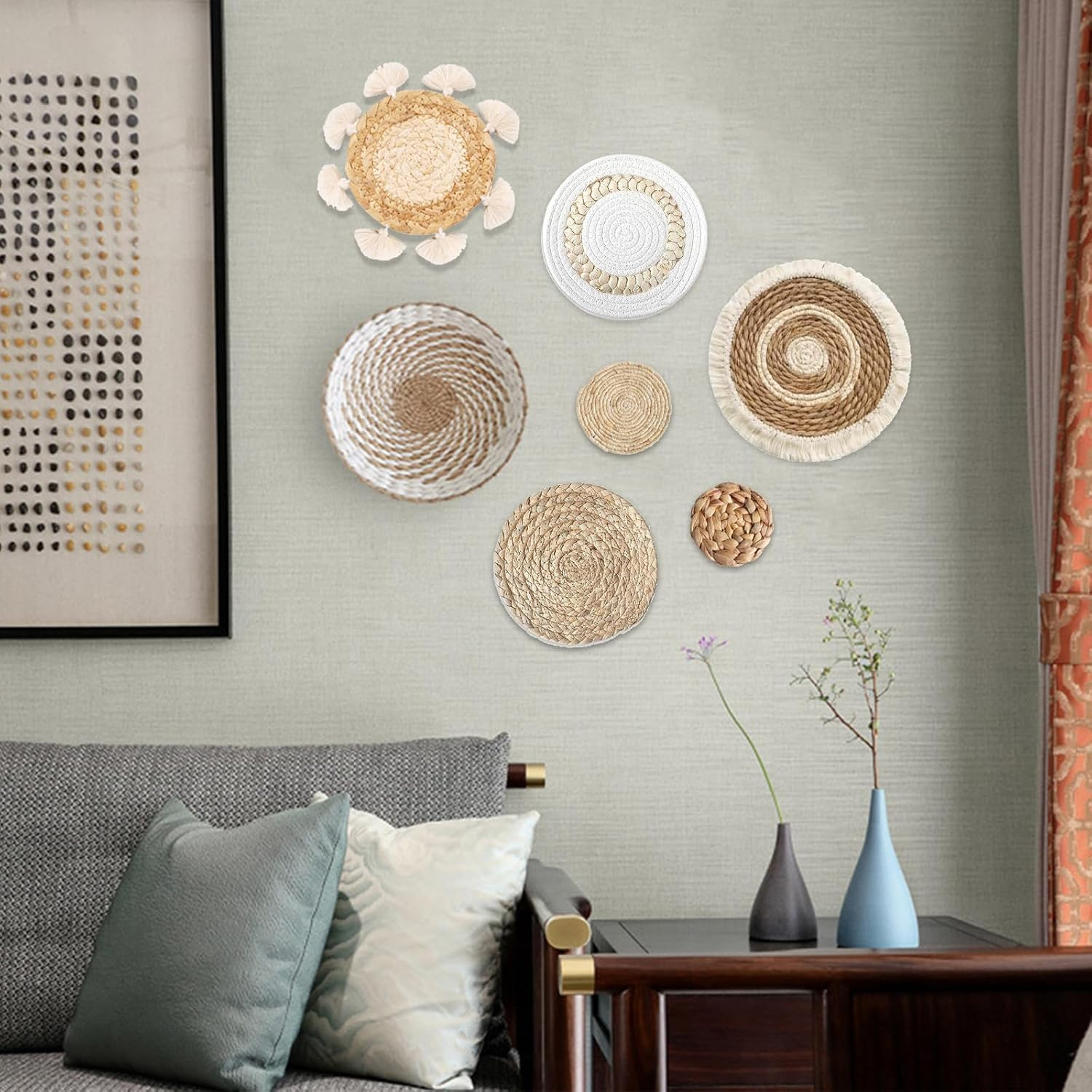 7 Pack Boho Wall Basket Decor - Seagrass Rattan Wicker Wall Decor round Handmade Hanging Rustic Flat Elegant Wall Art for Farmhouse Living Rooms Bedrooms Display Table Settings Kitchen Home image number 5
