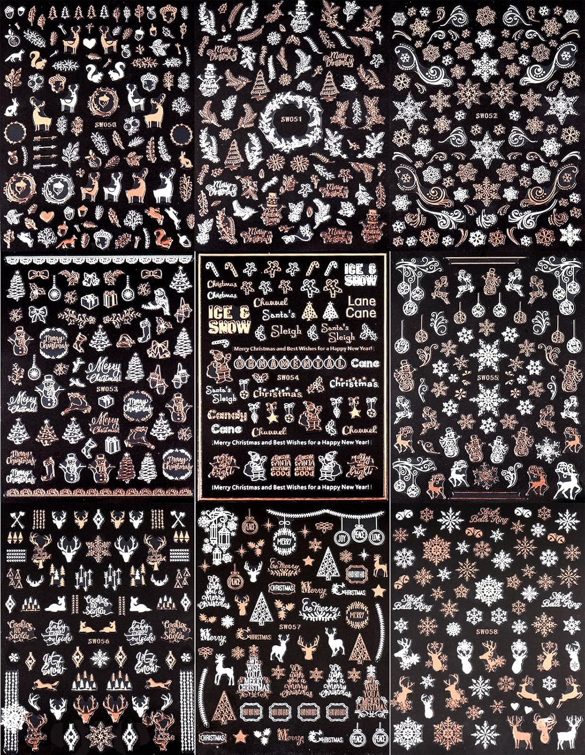 9 Sheets Christmas Nail Art Stickers Decals Self-Adhesive Pegatinas U&ntilde;as Rose Gold Snowflake Tree Winter Nail Supplies Nail Art Design Decoration Accessories image number 4