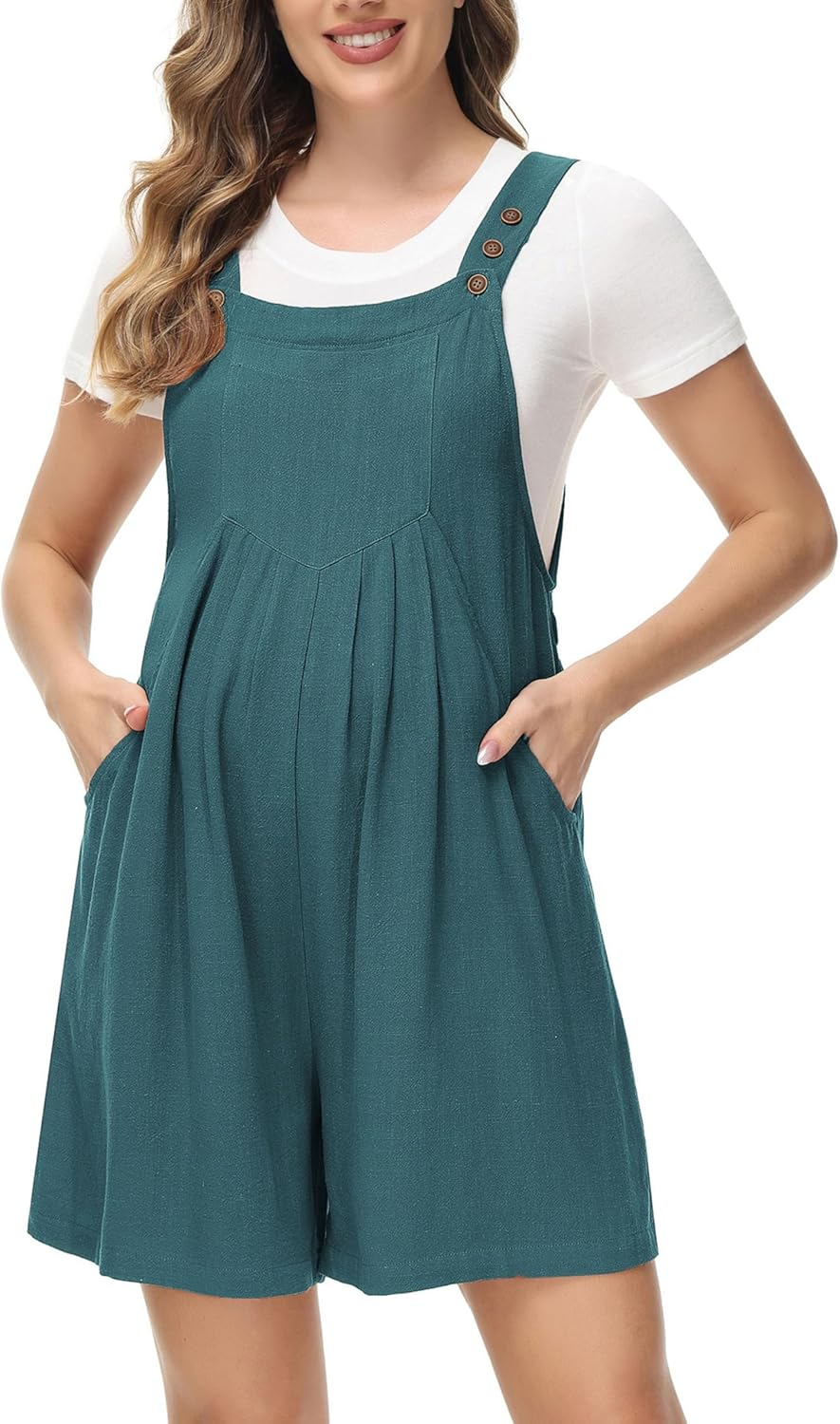 Maternity Short Overall Rompers Linen Adjustable Straps Summer Casual Sleeveless Jumpsuit with Pockets