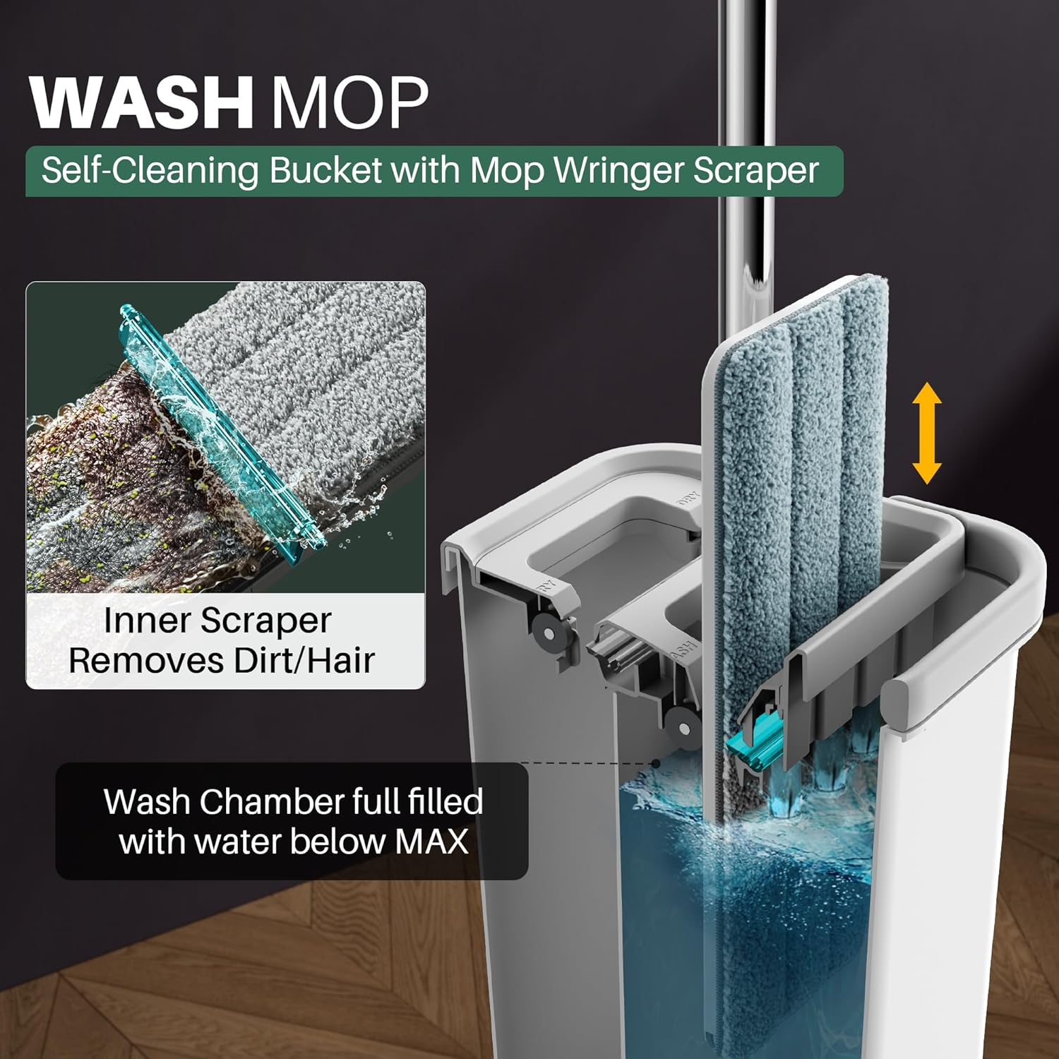 JOYMOOP Mop and Bucket Set, White Flat Mop and Bucket with Wringer Set for Home Floor Cleaning, Microfiber Mopper with Flat Head with 5 Microfiber Cloths image number 5