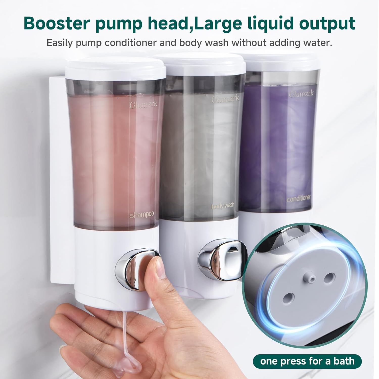 Shower Soap Dispenser Wall Mounted No Drill Shampoo Conditioner Body Wash Dispensers 15Oz/450Ml X 3 Chamber Shower Dispenser Bottles with Upgrade Pump Head Refillable Bathroom Soap Dispenser Set White