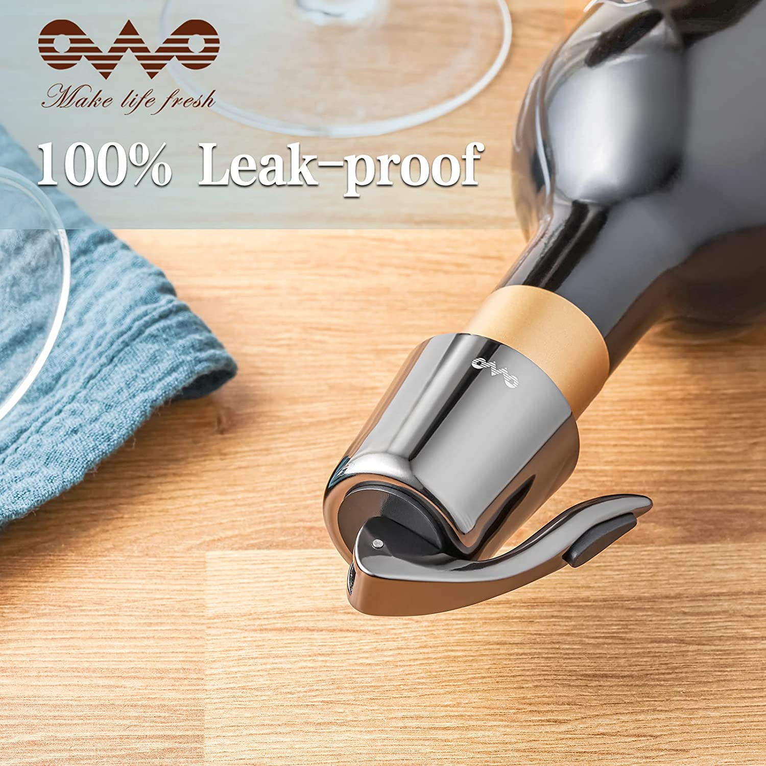 OWO Stainless Steel Wine Bottle Stopper, Reusable Wine Saver with Silicone Seal, Decorative Bottle Sealer, Keeps Fresh (Metal Black, 2 Pack) image number 4