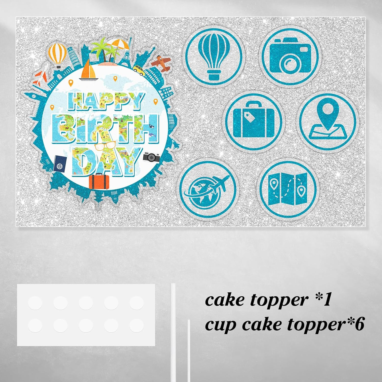 Travel Birthday Themed Happy Cake Topper 7-Piece Set - Adventure Waiting Party, Travel around the World Party, Retirement Party Suitcase, Airplane Decoration.Wish Bon Voyage - LIANGSS image number 1