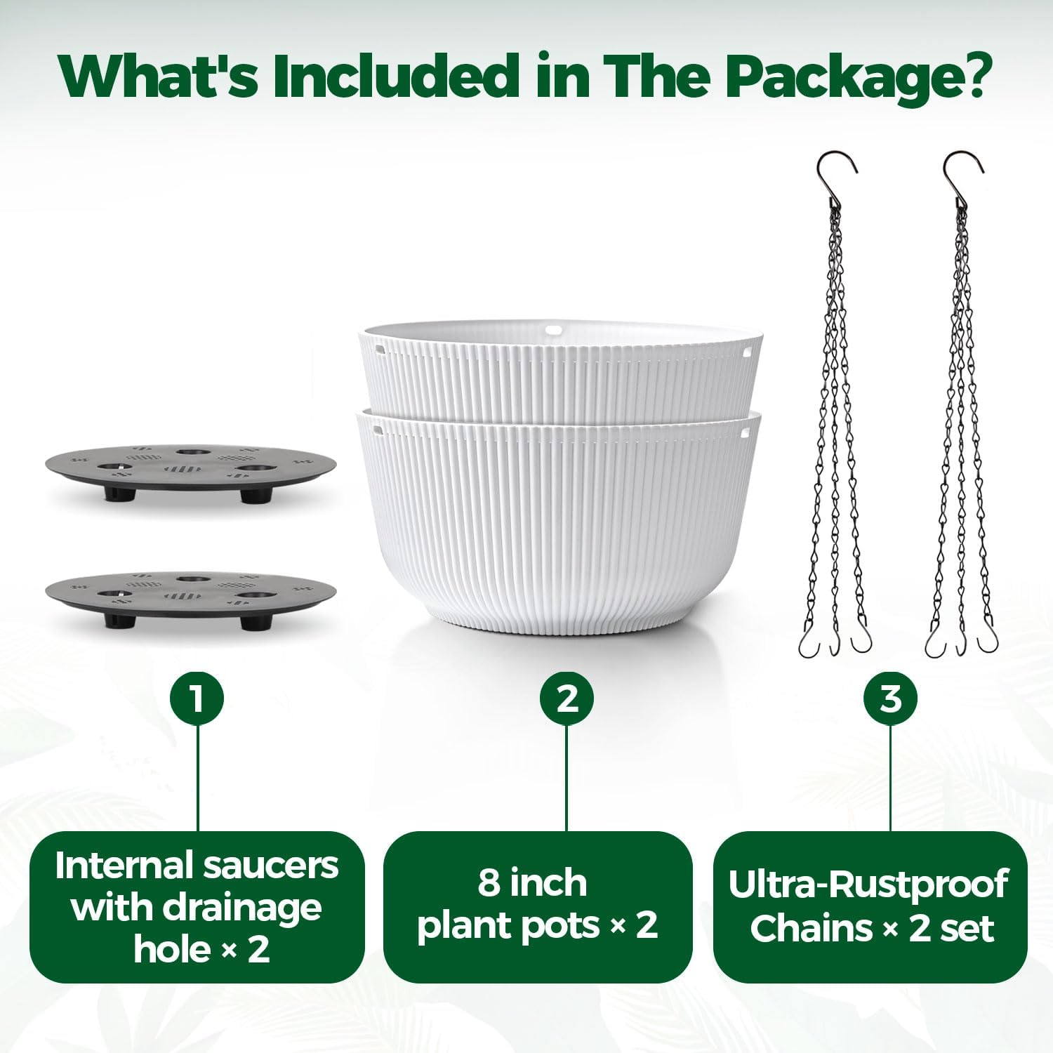 T4U Hanging Planter Self Watering 8 Inch, 2 Pack White Indoor Outdoor Hanging Plant Pots, Hanging Flower Pot with Drainage Hole & Plug & Chain with 3 Hooks for Garden Home Decor image number 5