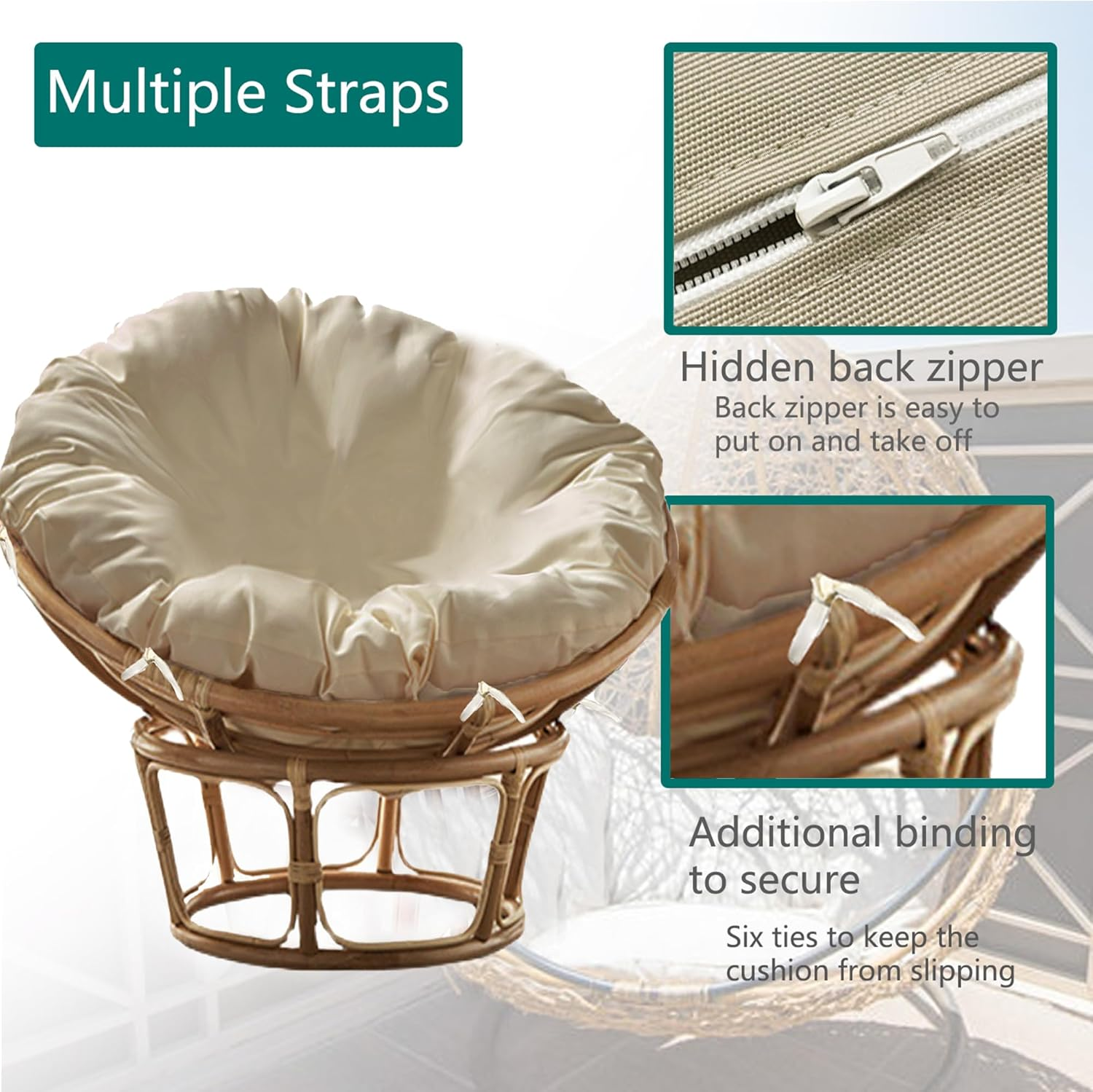 Sqodok Papasan Cushion Cover Only, 50In, Beige, Quilted, Water Resistant, Machine Washable, Indoor/Outdoor, Porch Swing, Sofa, Papasan Chair image number 2