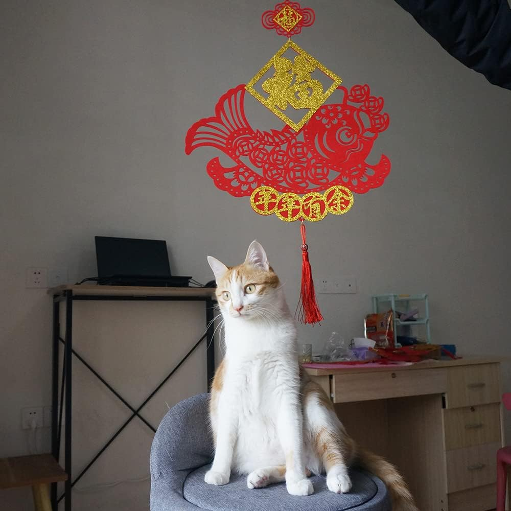 2PCS 11Inch Palace Lantern Tassel Red Fish Chinese New Year Decorations for Party Wedding Supplies Spring Festival Mid-Autumn Moon Ornaments Gilt Lanterns, S image number 2