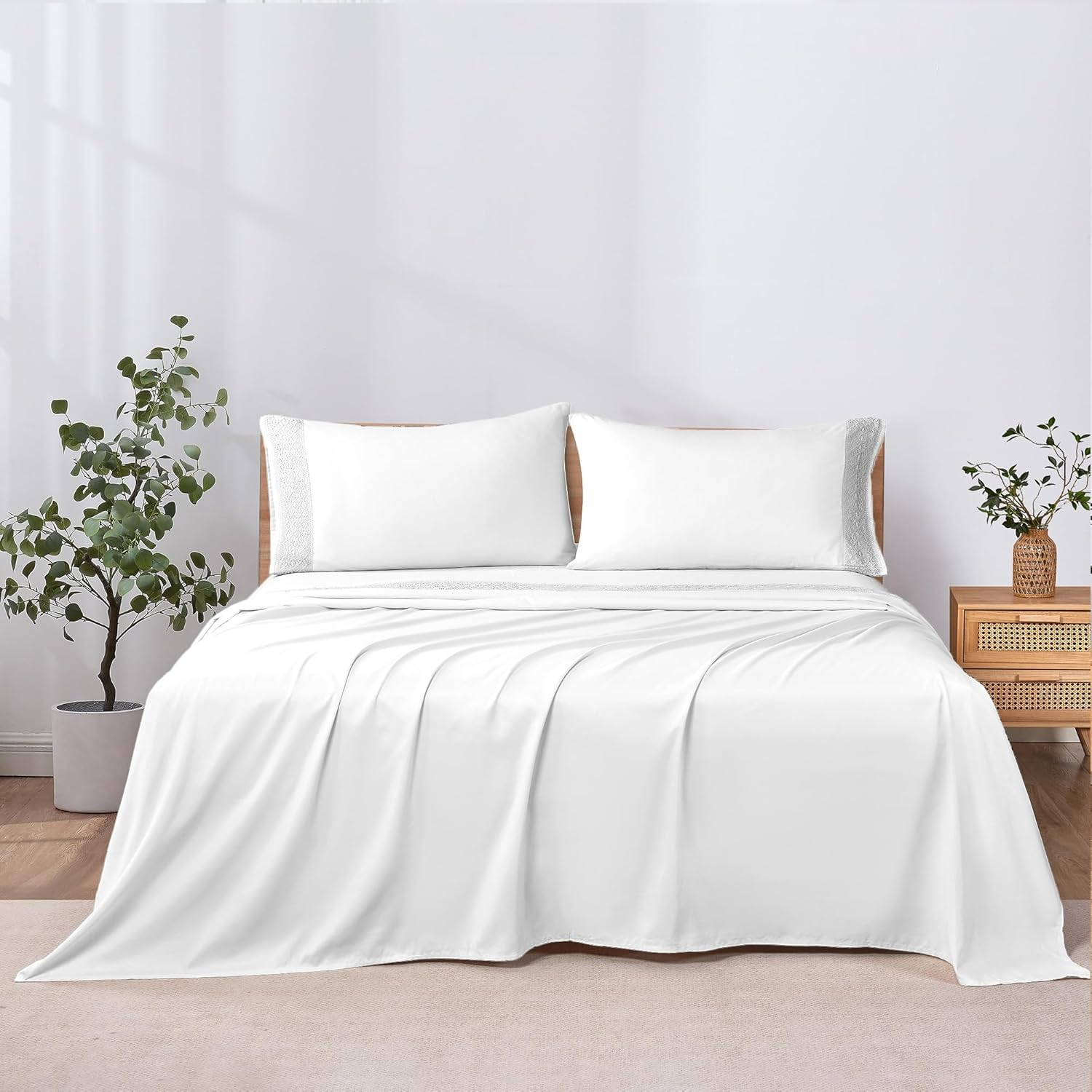 Modern Threads Soft Microfiber Crochet Lace Sheets - Luxurious Microfiber Bed Sheets - Includes Flat Sheet, Fitted Sheet with Deep Pockets, & Pillowcases White Queen image number 5