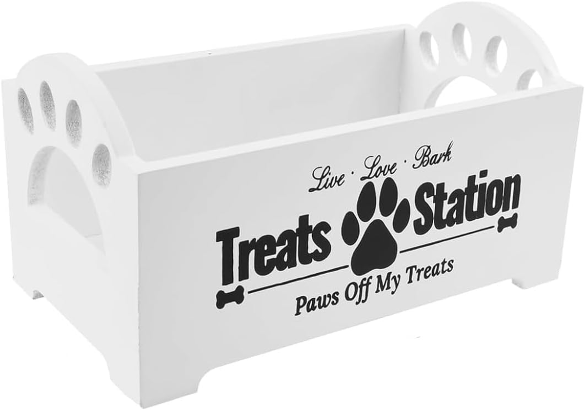 AIMALL Cat and Dog Treat Storage Box, Decorative Paw Design, Durable Wood Organizer for Pet Food and Toy Sorting - Black or White, 9In(L) X 5.1In(W) X 4.9In(H)
