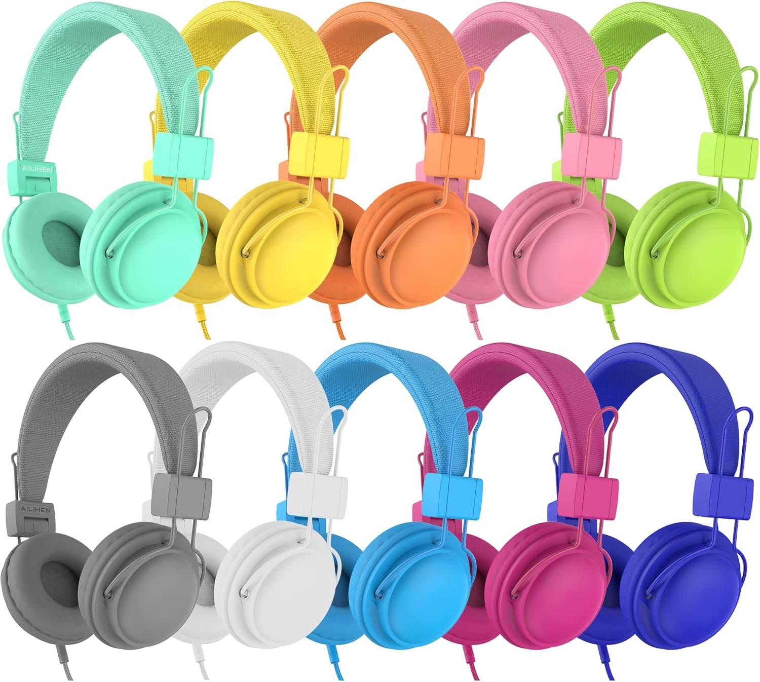 AILIHEN Kids Headphones Bulk 10 Pack for School K-12 Students, Classroom Wired Headphones with Microphone & 85Db Volume Limited & Sharing, 3.5Mm Jack for Chromebook, Computer, Laptop (Multicolor) image number 3
