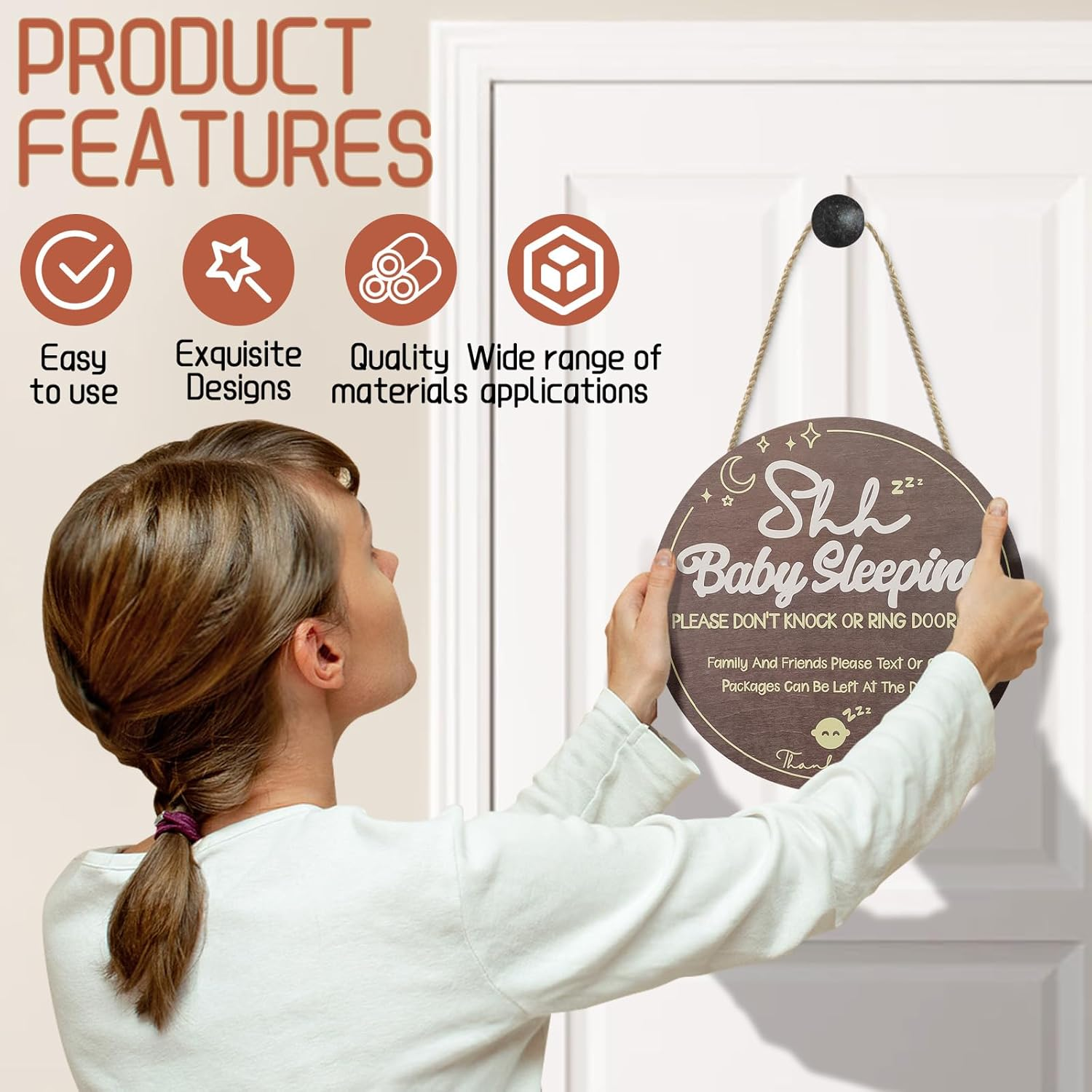 Wooden Shh Baby Sleeping Sign for Front Door, Hanging Do Not Knock or Ring Doorbell Sign with Rope, Rustic Front Porch Decorations Outdoor for Home Bedroom Nursery Wall (Brown) image number 3