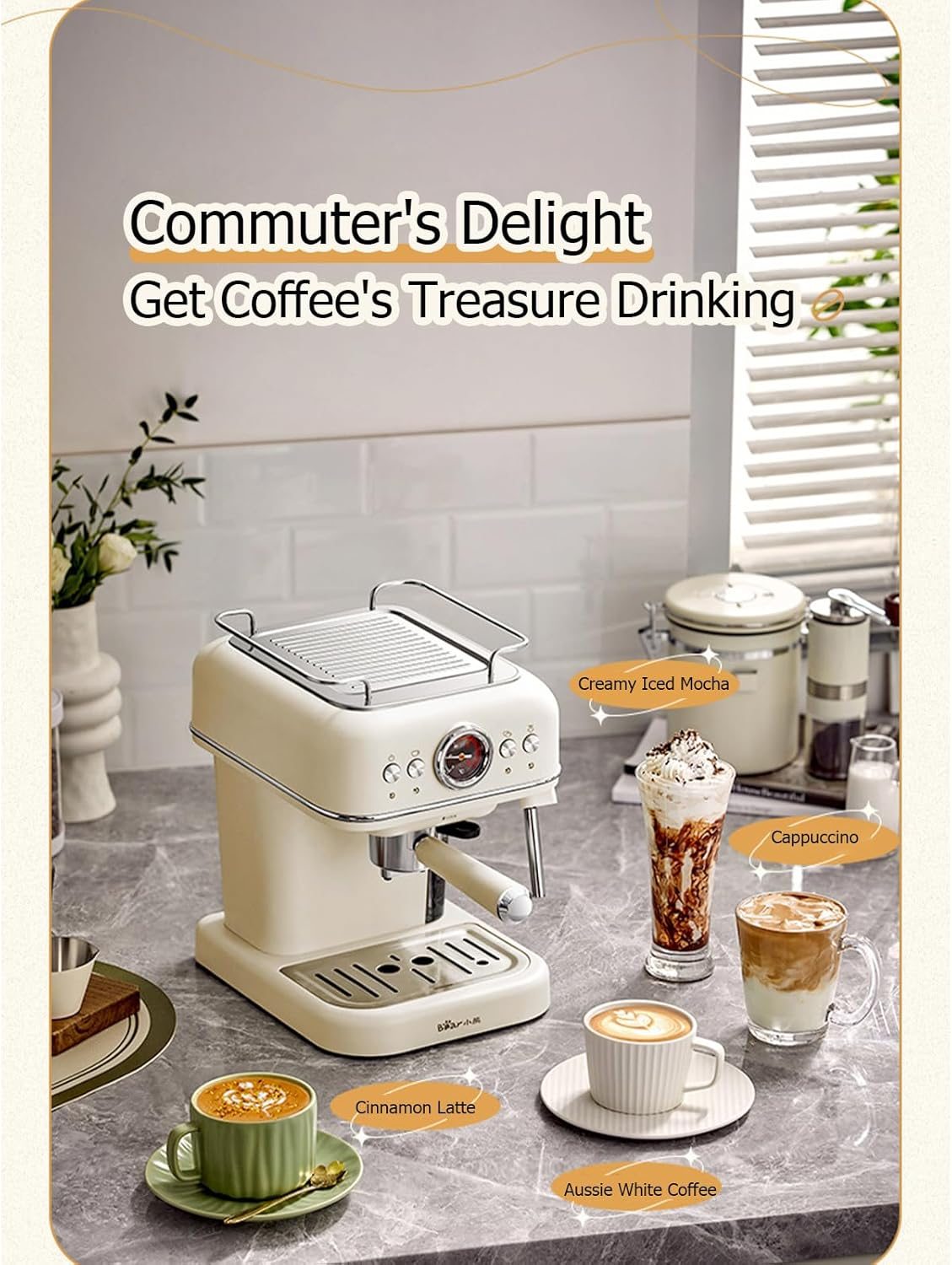 Bear Coffee Machine, 20Bar Italian Pump Barista Espresso, Latte & Cappuccino Coffee Maker, 1.2L Water Tank, Manual Adjustable Milk Frother, 2 Espresso at Once, Compact image number 4