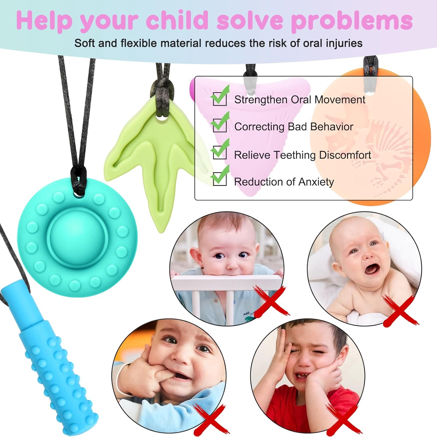 Chew Necklaces for Adults and Babies - Triceratops 5 Piece Set, Bpa-Free Silicone Sensory Chew Necklaces for Anxiety Relief, Easy to Hold, with Massage Blocks to Relieve Teething Pain image number 1