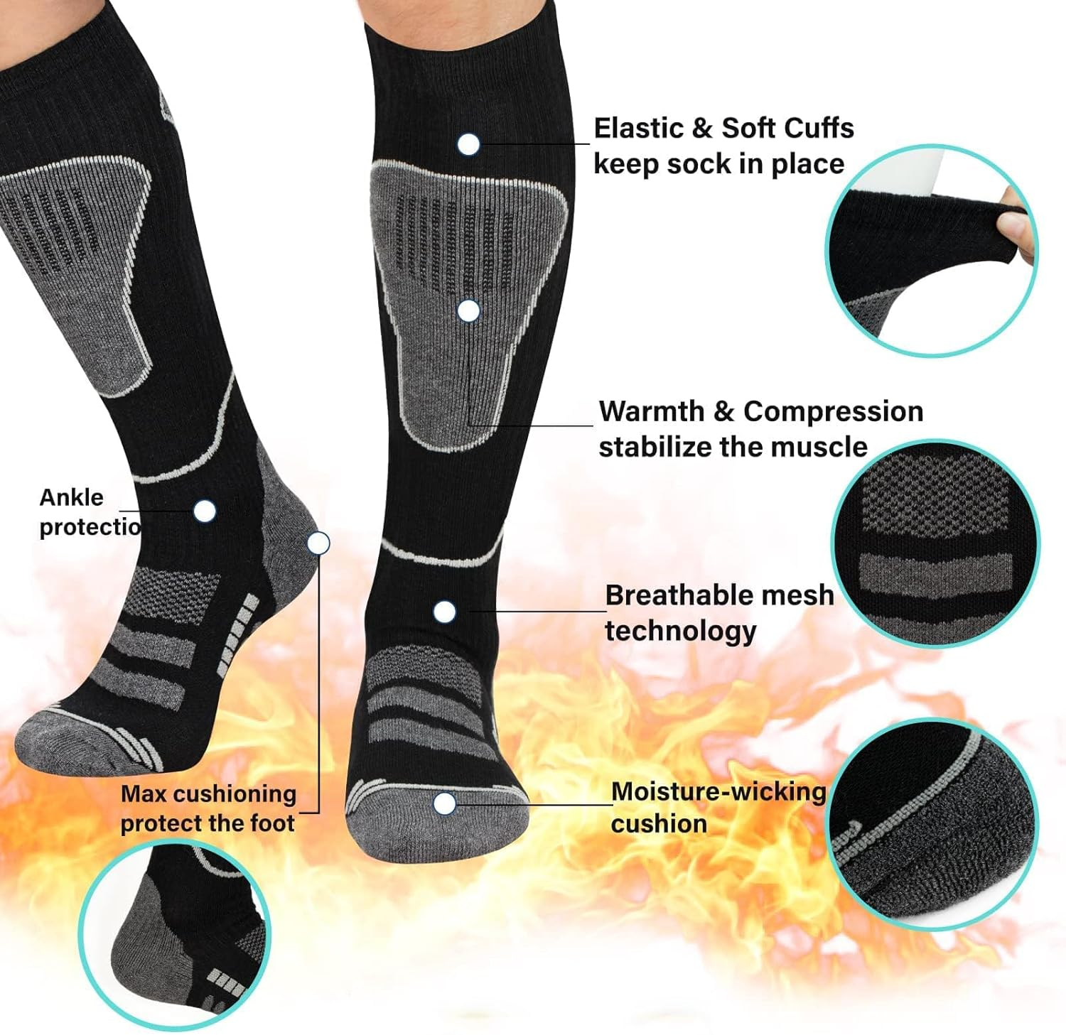 BLAZDEVE 2Pairs Ski Socks for Women Men, Thermal Knee High Snowboarding Skiing Socks, Breathable Compression Socks for Hiking, Snowboarding image number 6