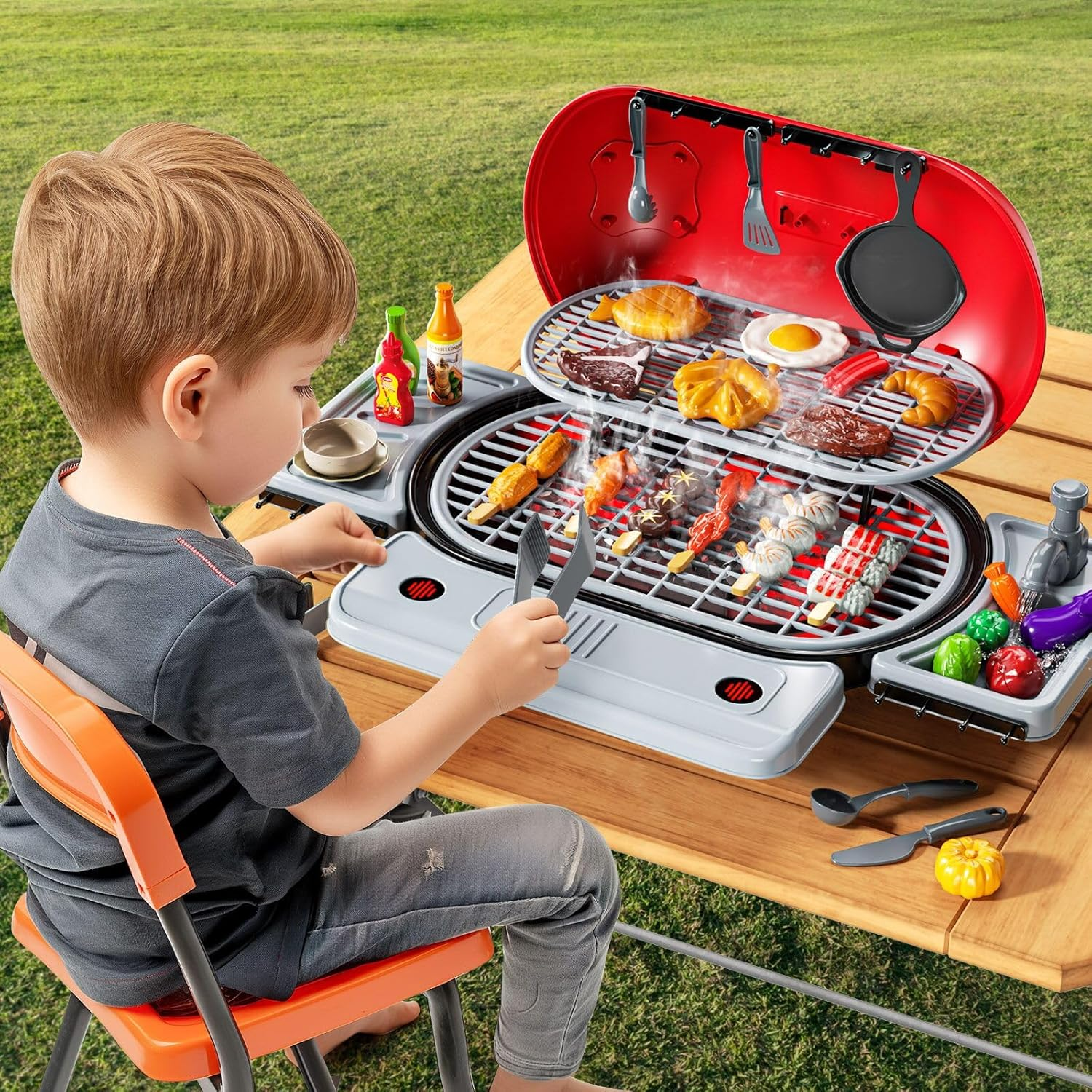 JUKUDAHU 65 PCS Play Kitchen Barbecue Toys Set for Kids Ages 3 4 5 6 7-2-Layer BBQ Grill Toys Play Food Set with Sound Smoke, Little Chef Cooking Pretend Play Gifts for Boys Girls 3-5 Indoor Outdoor image number 2