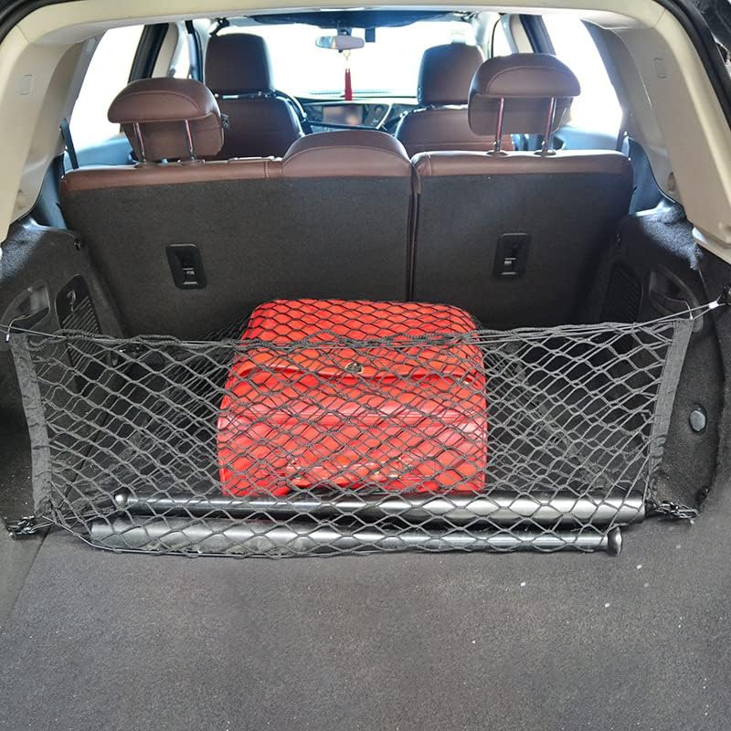 Trunk Cargo NET Car Nylon Elastic Mesh Organizer Truck SUV Universal 4 Hook Rear Black Net Auto Storage Organizer (Black, One Size)