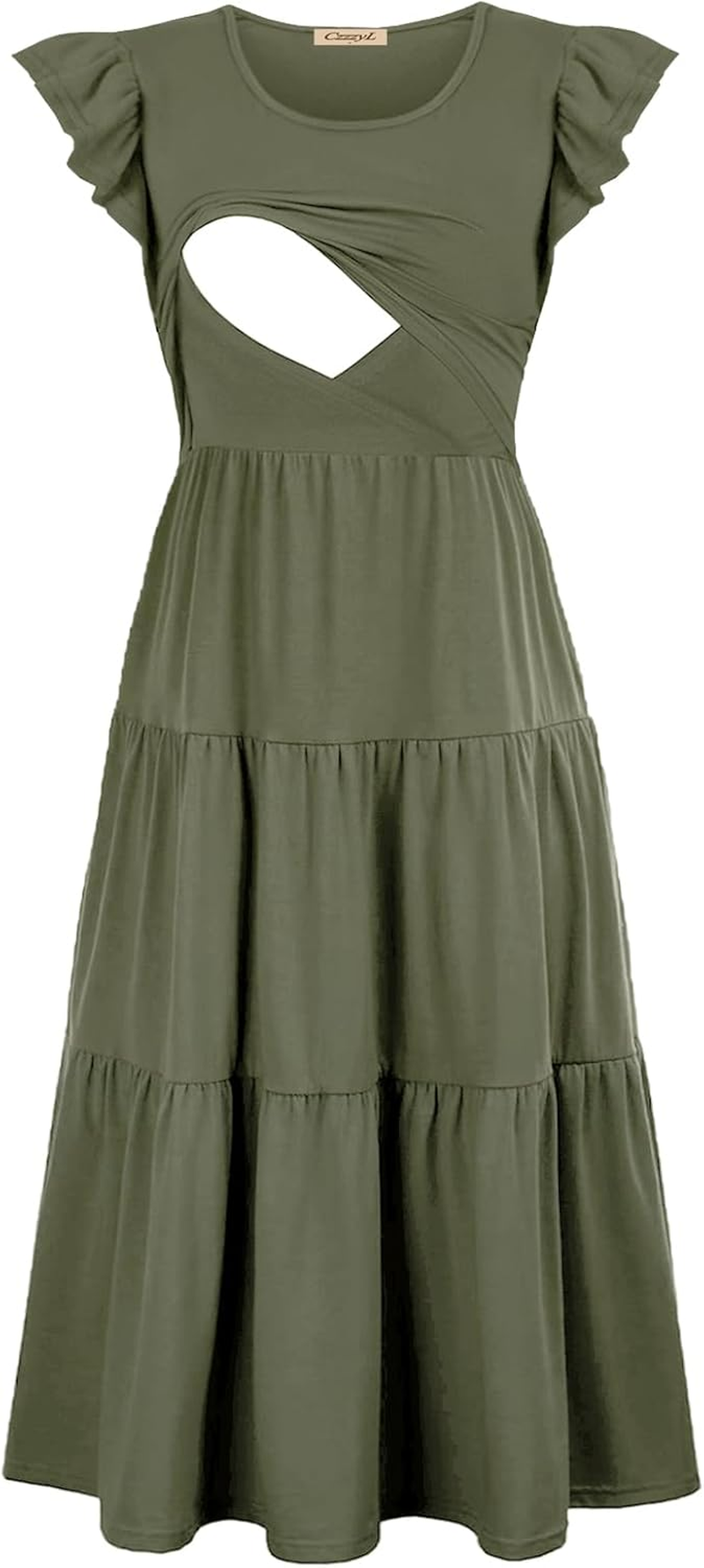 Womens Flutter Short Sleeve Smocked Tiered Nursing Dress for Breastfeeding image number 7