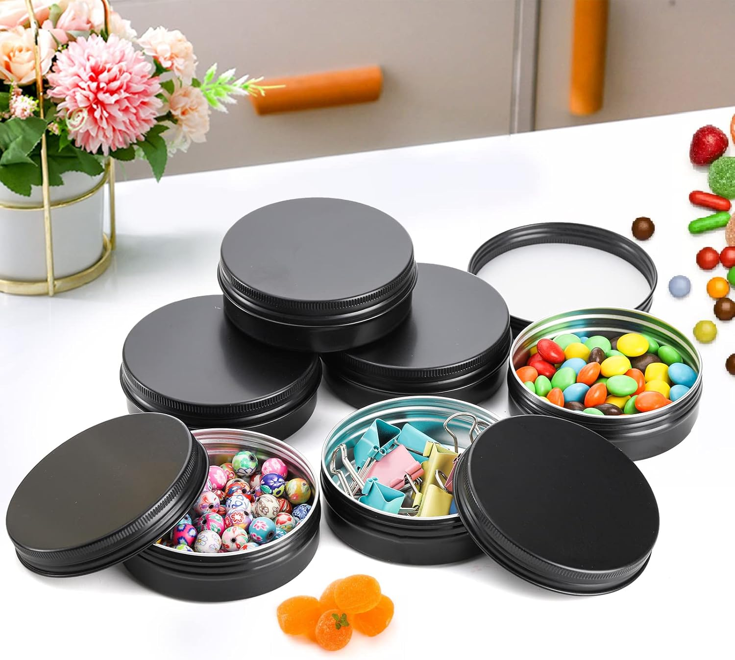 Foraineam 48 Pack 2 Oz round Lip Balm Tin Cans - Aluminum Cosmetic Sample Containers with Screw Lid - Matte Black Metal Empty Tins Storage Travel Tin Jars image number 5