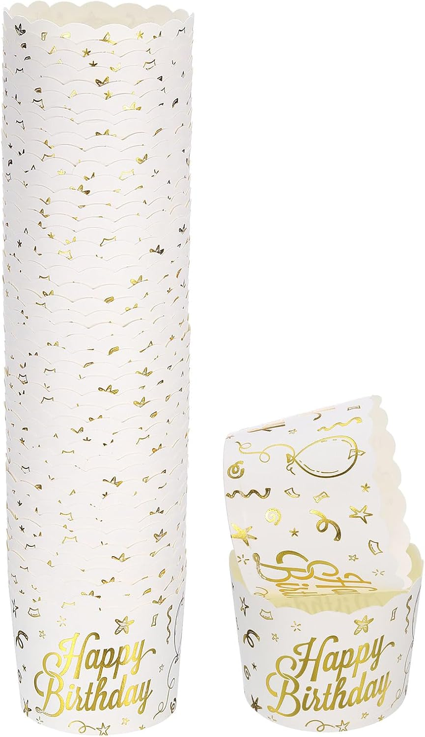 HARFINGTON 50Pcs Paper Baking Cups 6Oz Cupcake Wrappers Scalloped Muffins Cases Liners Disposable Greaseproof Containers for Birthday Party, Birthday Pattern image number 1