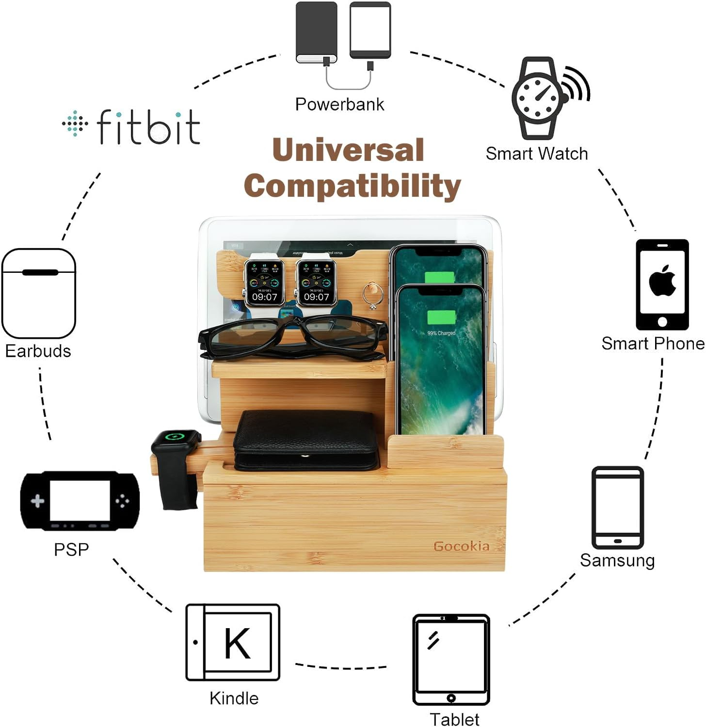 Bamboo Multiple Device Docking Station Phone Key Holder Laptop Tablet Wallet Watch Stand