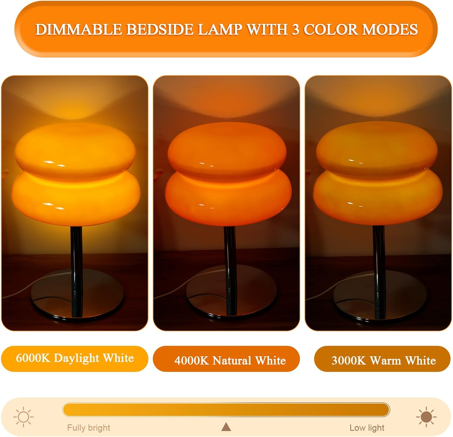 DJAPWPX Modern Egg Tart Glass Table Lamp Retro Cute Desk Lamp with 3 Color Dimmable Modes, Orange
