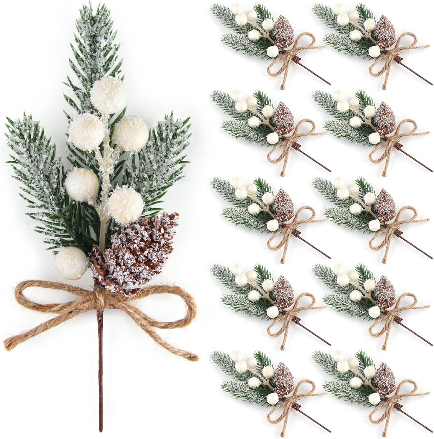 ELECLAND 10 Pcs Christmas Picks Decorations Artificial Pine Branches Stems Spray with Pine Cones Faux Pine Picks Red Berry Holly Leaves for Craft Floral Christmas Wreath Picks Ornaments, White