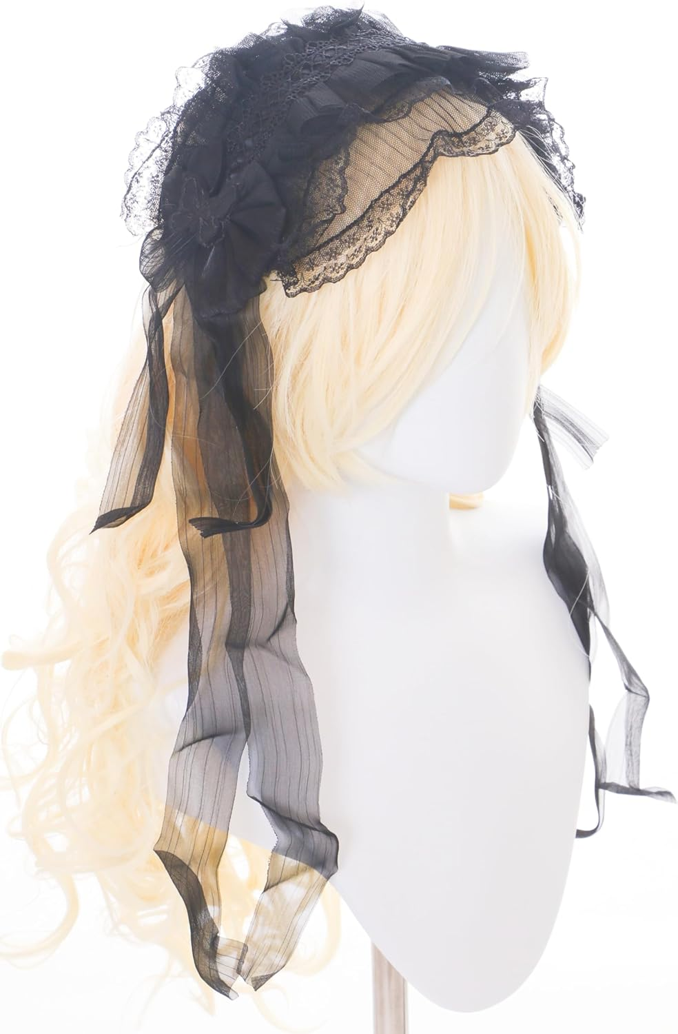 C-128 Maid Maid Lolita Lace Ruffle Headband with Bow Gothic Hair Accessories Headband Extra Wide Black image number 2