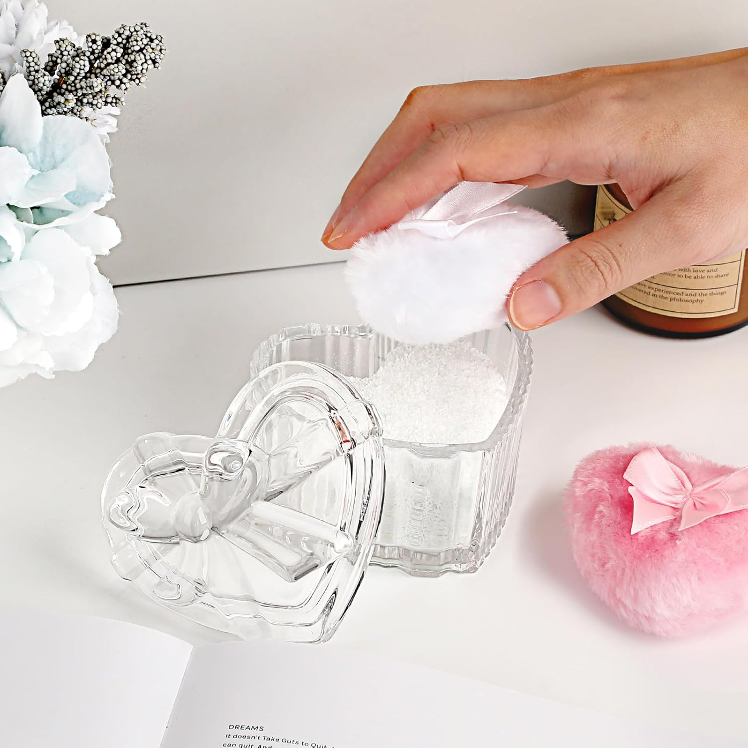 OGA Body Powder Container with Tassel Baby Powder Tin Transparent Heart Glass Box with 2 Body Powder Puff Empty Body Powder Box for Loose Powder, Talcum Powder Women Girls Birthday image number 5